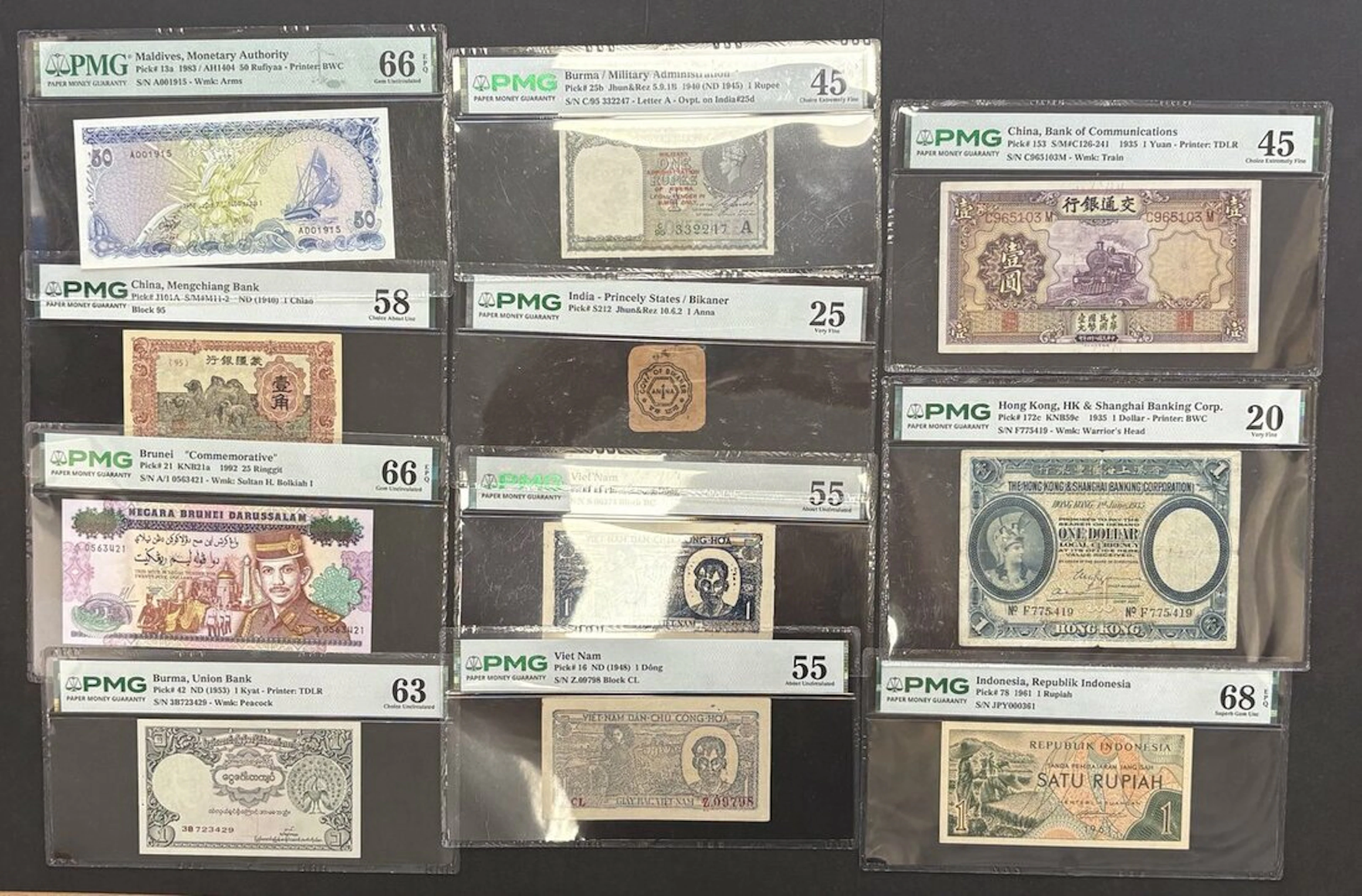 Asia, [11 notes] (Pick 78, 21, 42, 25b, S212, J101A, 153, 16, 172c, 13a)