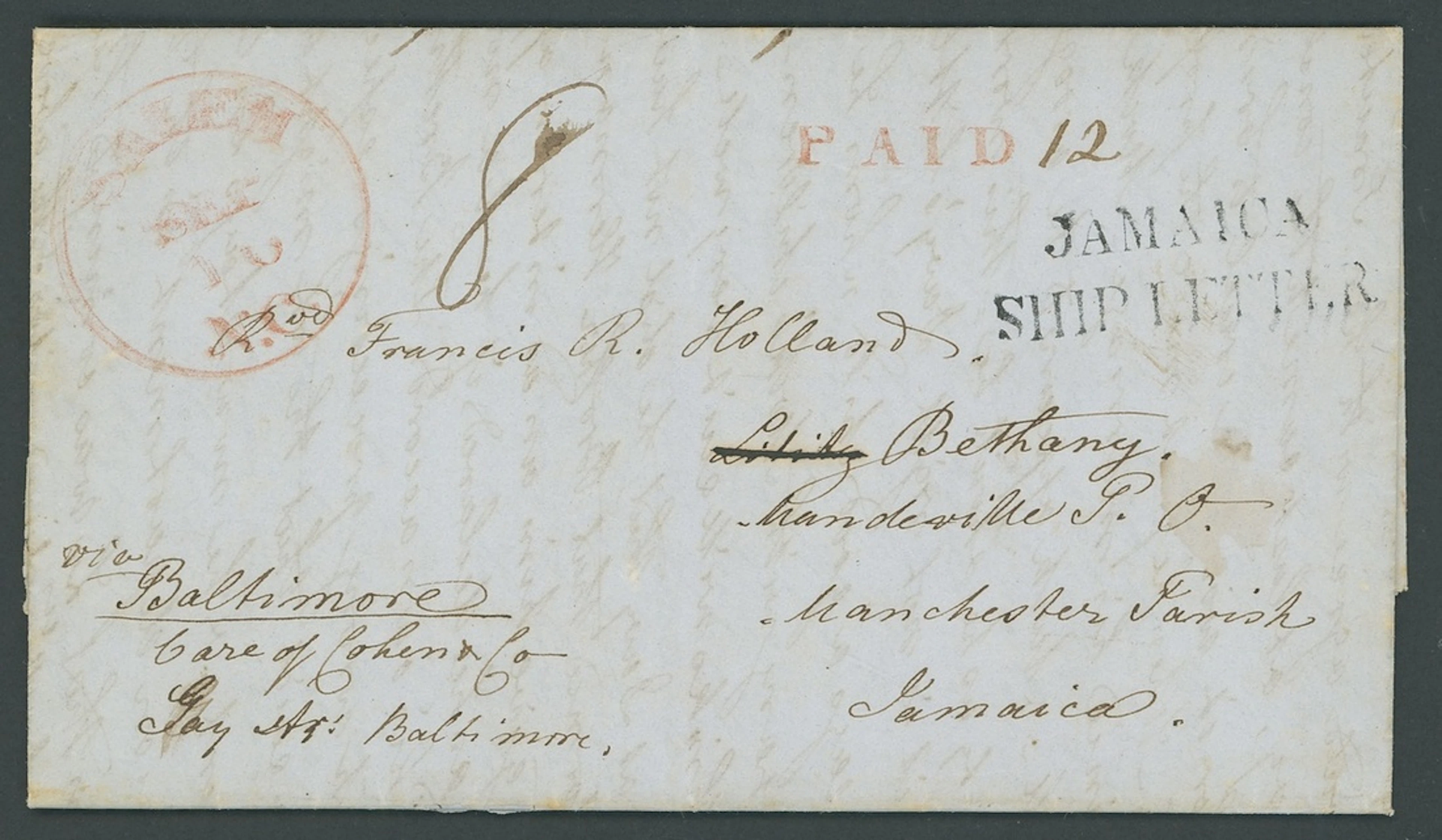 Jamaica Ship Letter Handstamps 1848 (10 Sept.) entire letter from