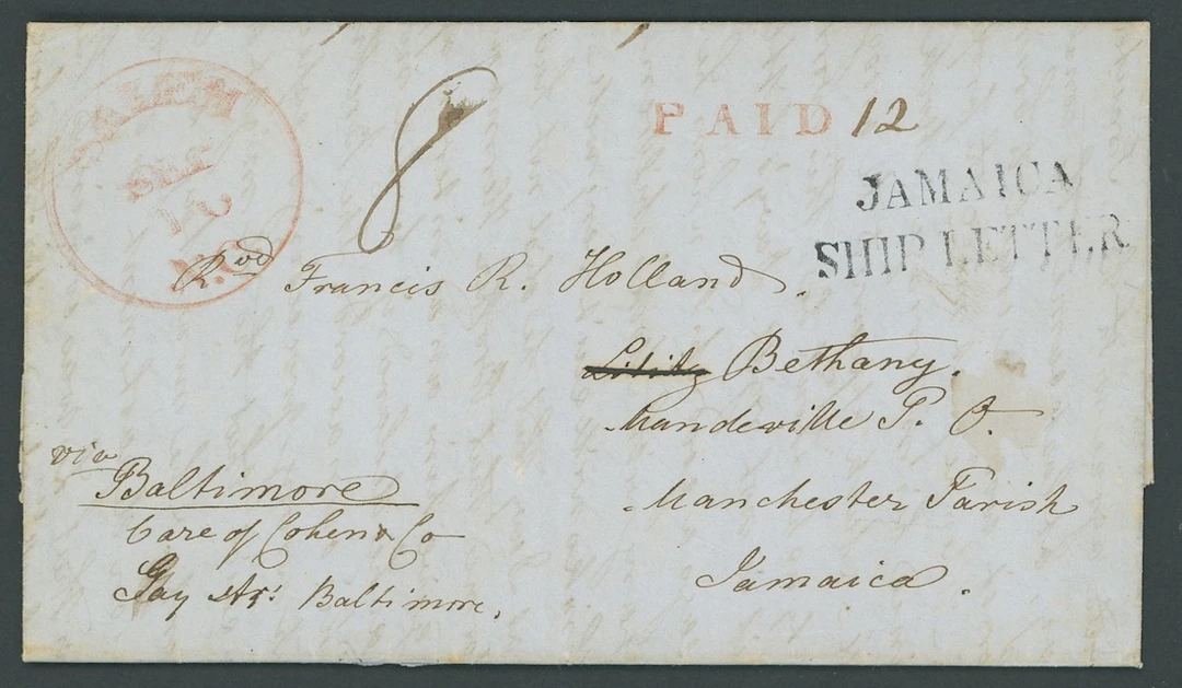 Jamaica Ship Letter Handstamps 1848 (10 Sept.) entire letter from