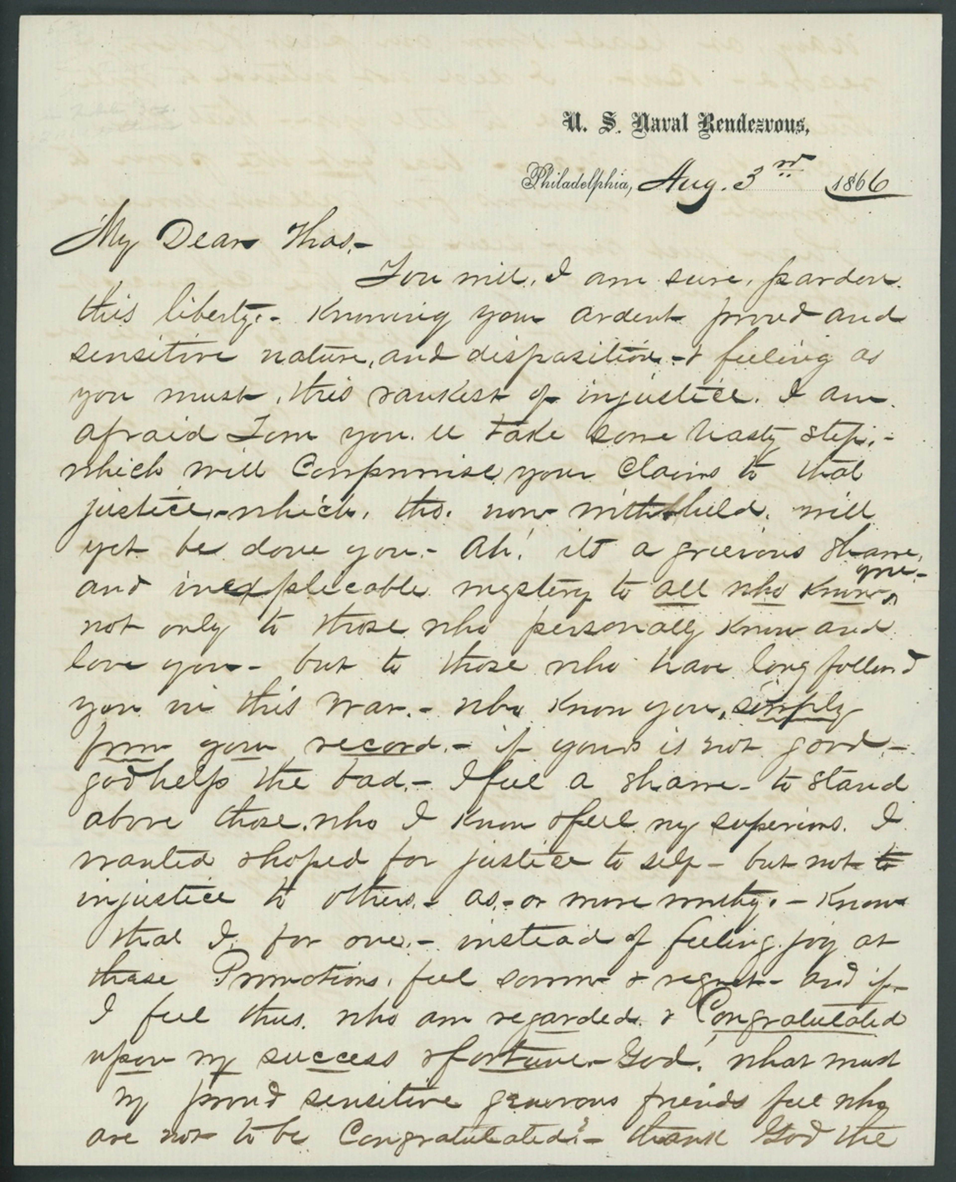 USA Civil War / Naval 1866 Autograph letter on the printed notepaper