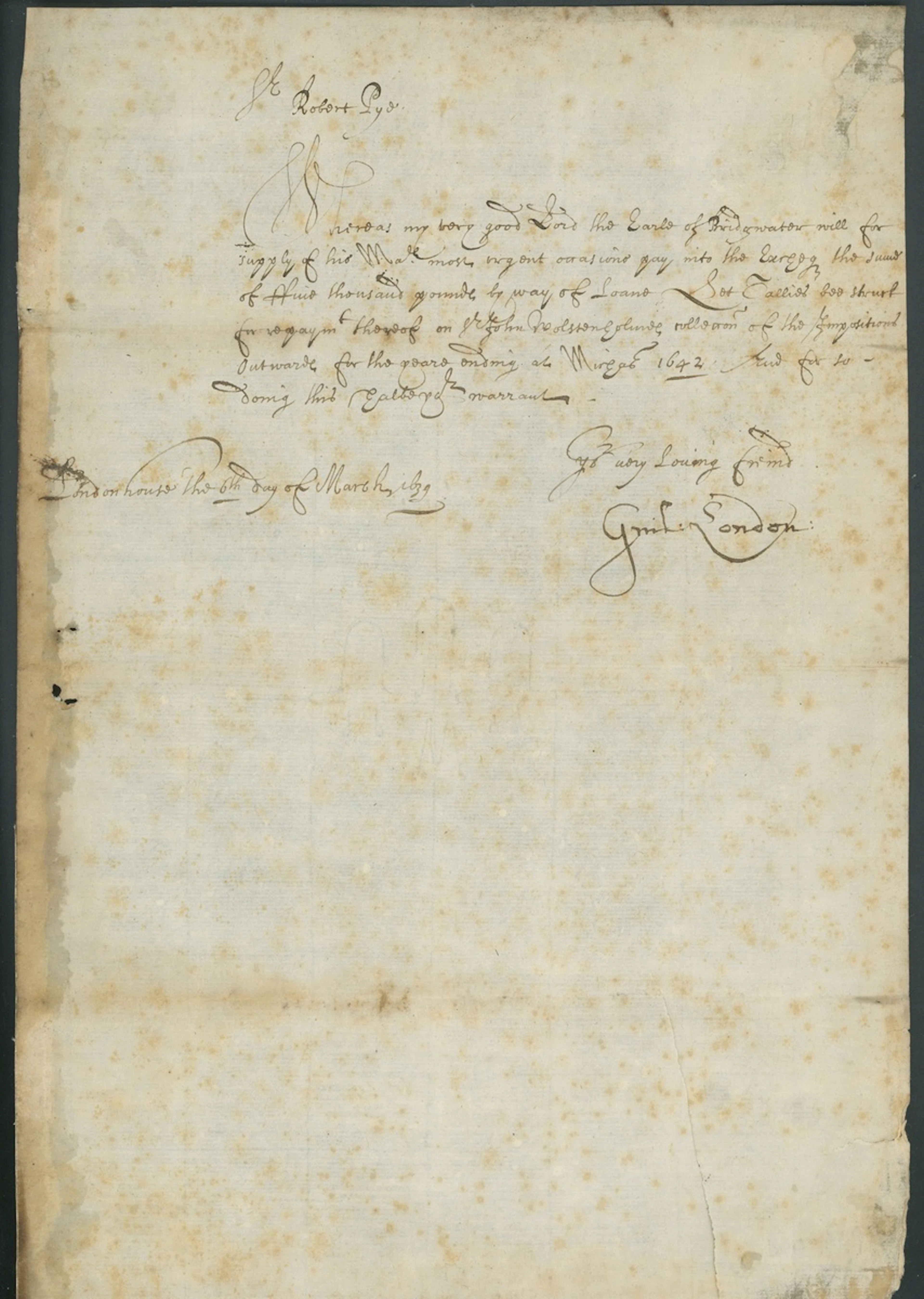 Bishops 1642 (6 March) warrant signed "Guil London" by William Jusxon