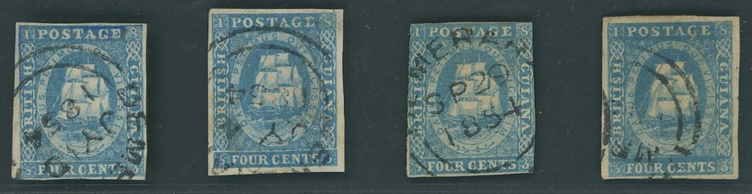 British Guiana 1853-55 4c. deep blue, four examples, one retouched