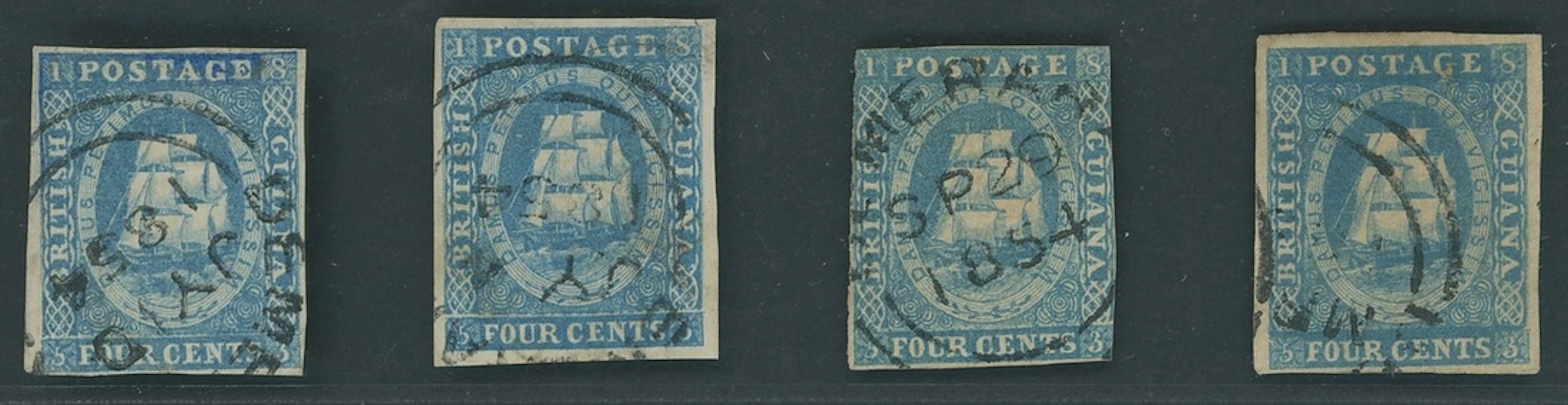 British Guiana 1853-55 4c. deep blue, four examples, one retouched