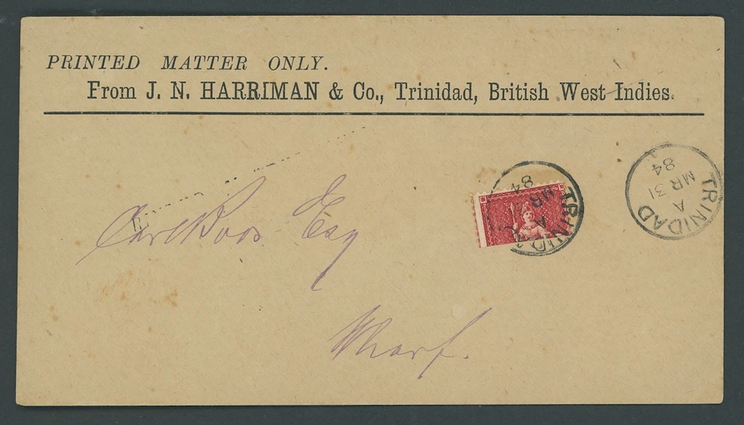Trinidad Covers and Cancellations 1884 (31 Mar.) J.N. Harriman & Co.