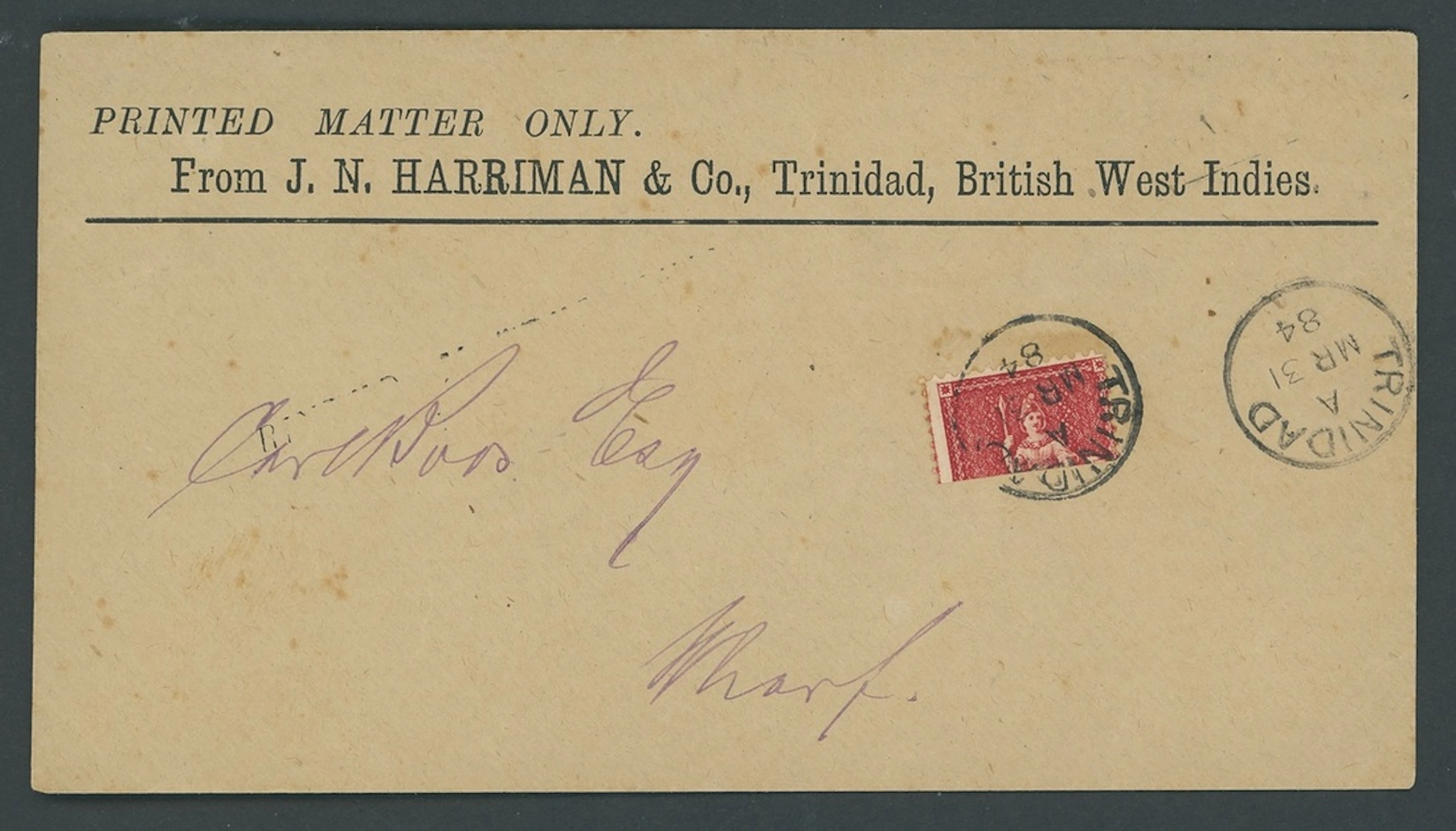Trinidad Covers and Cancellations 1884 (31 Mar.) J.N. Harriman & Co.