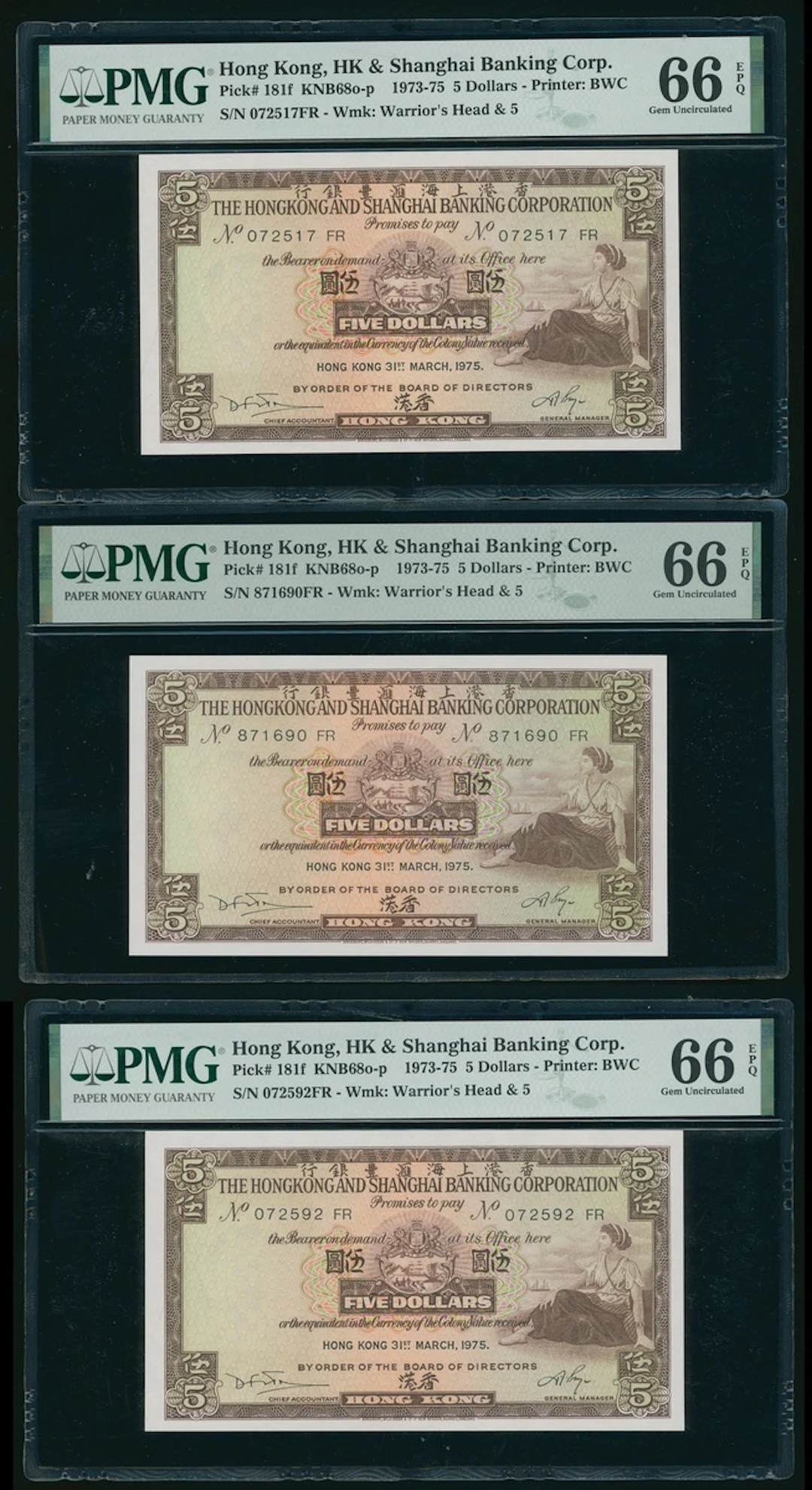 Hongkong & Shanghai Banking Corporation, a trio of $5, 31.3.1975