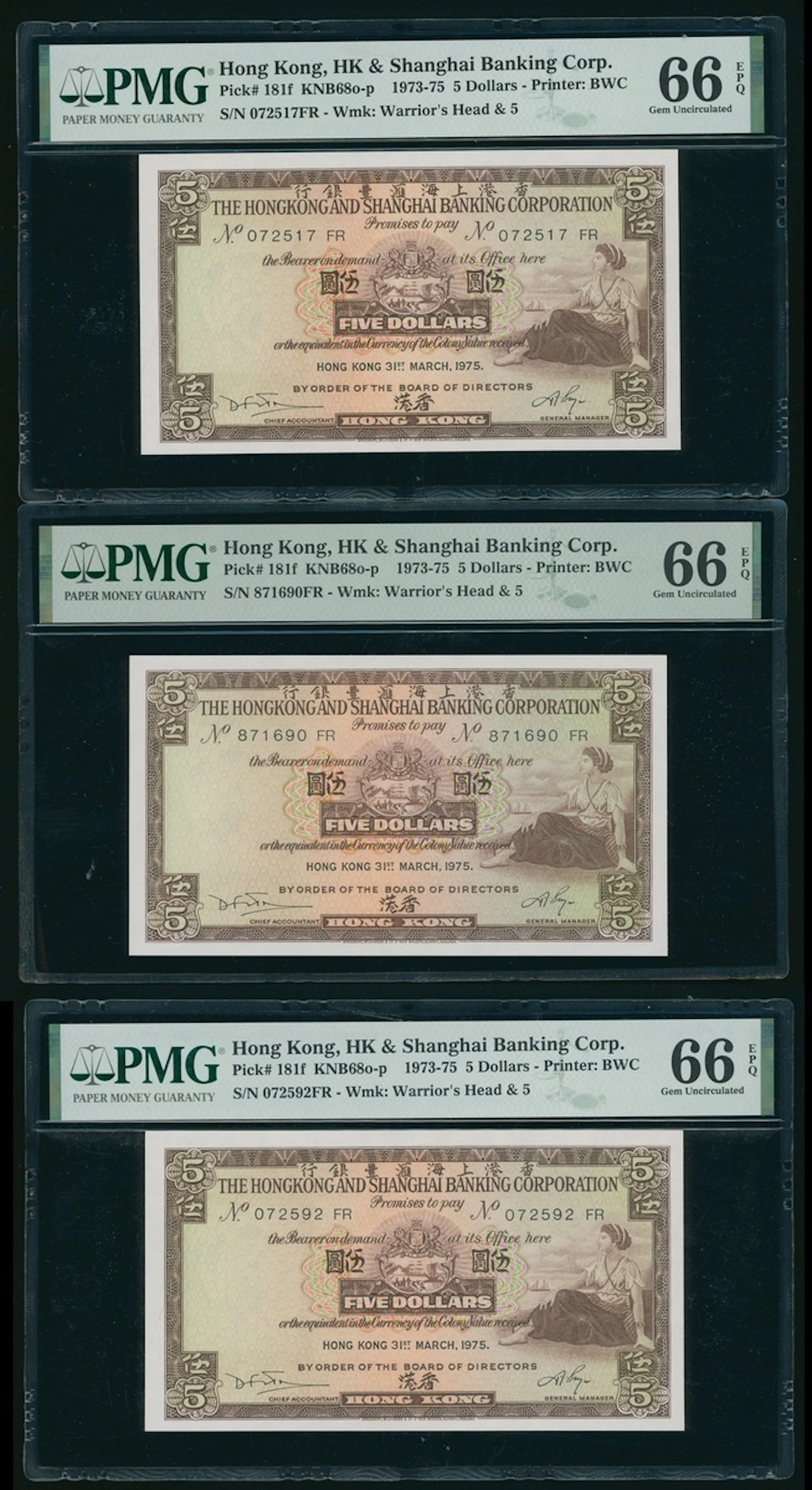 Hongkong & Shanghai Banking Corporation, a trio of $5, 31.3.1975