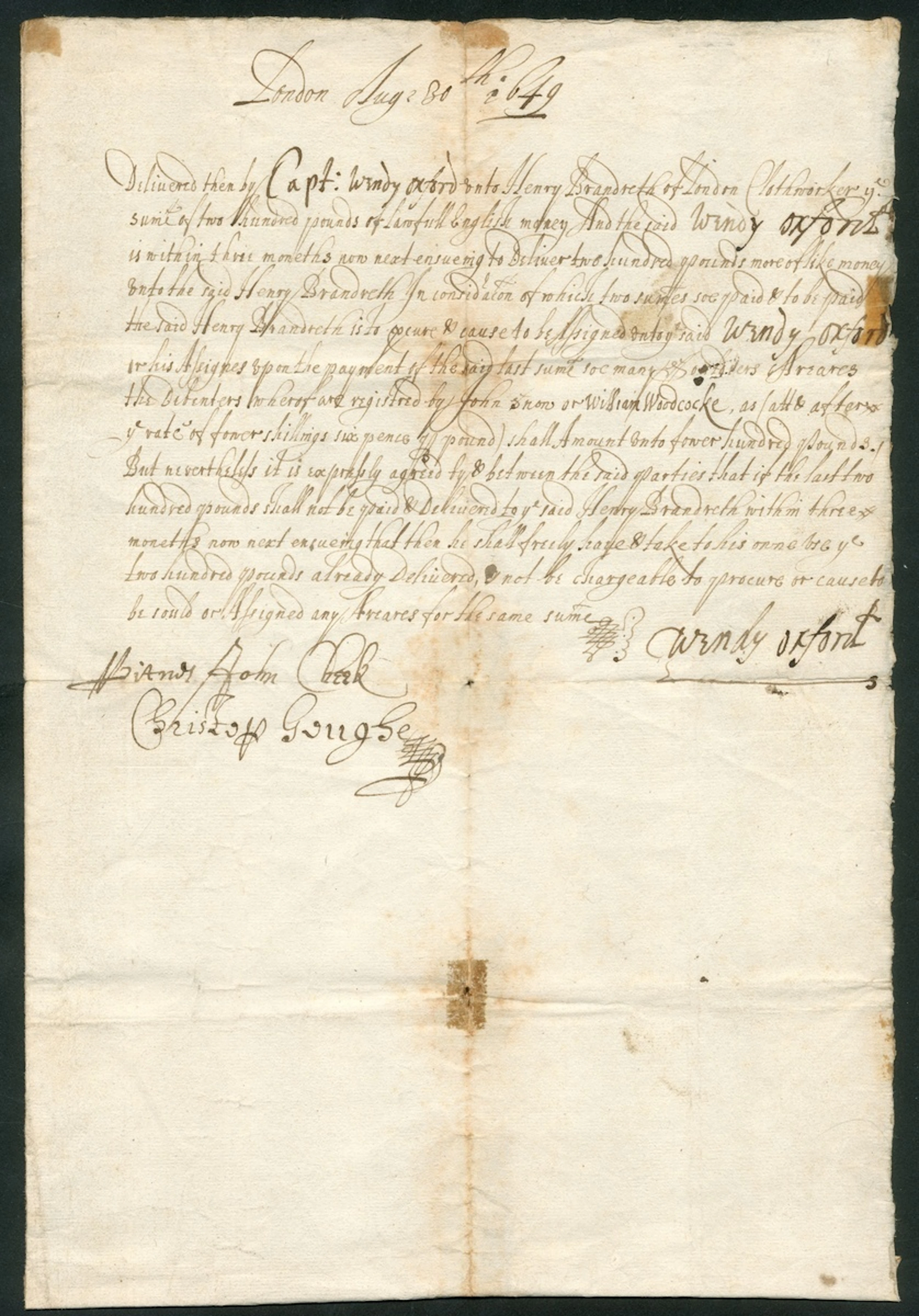 Captain Wendy Oxford 1649 (30 Aug.) letter signed "Wendy Oxford" reading