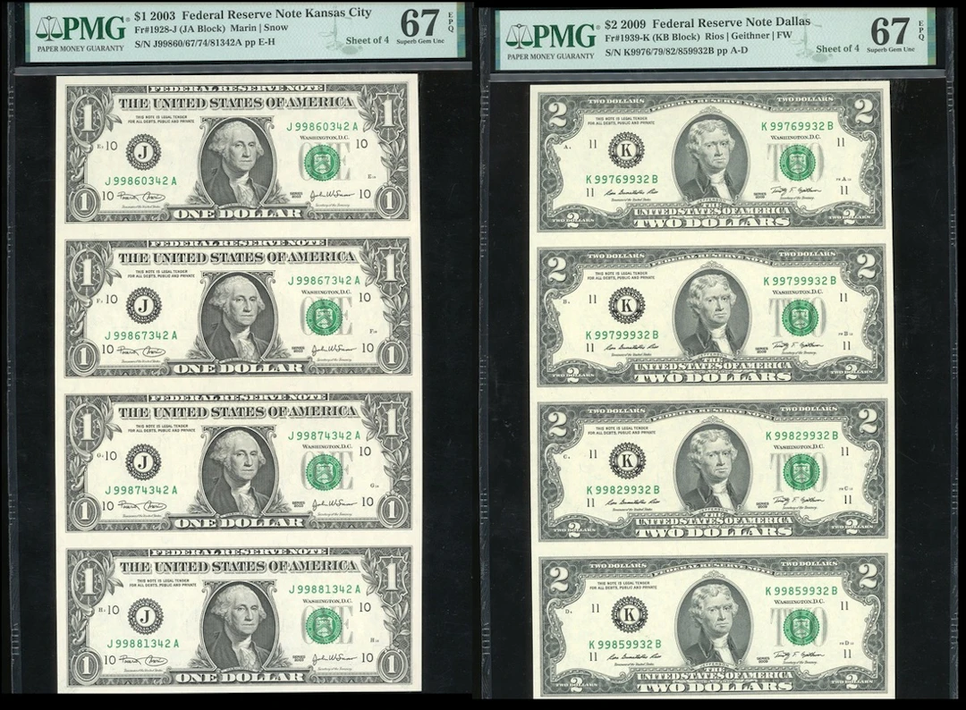 United States of America, a set of 6x uncut sheets of 4 notes, including
