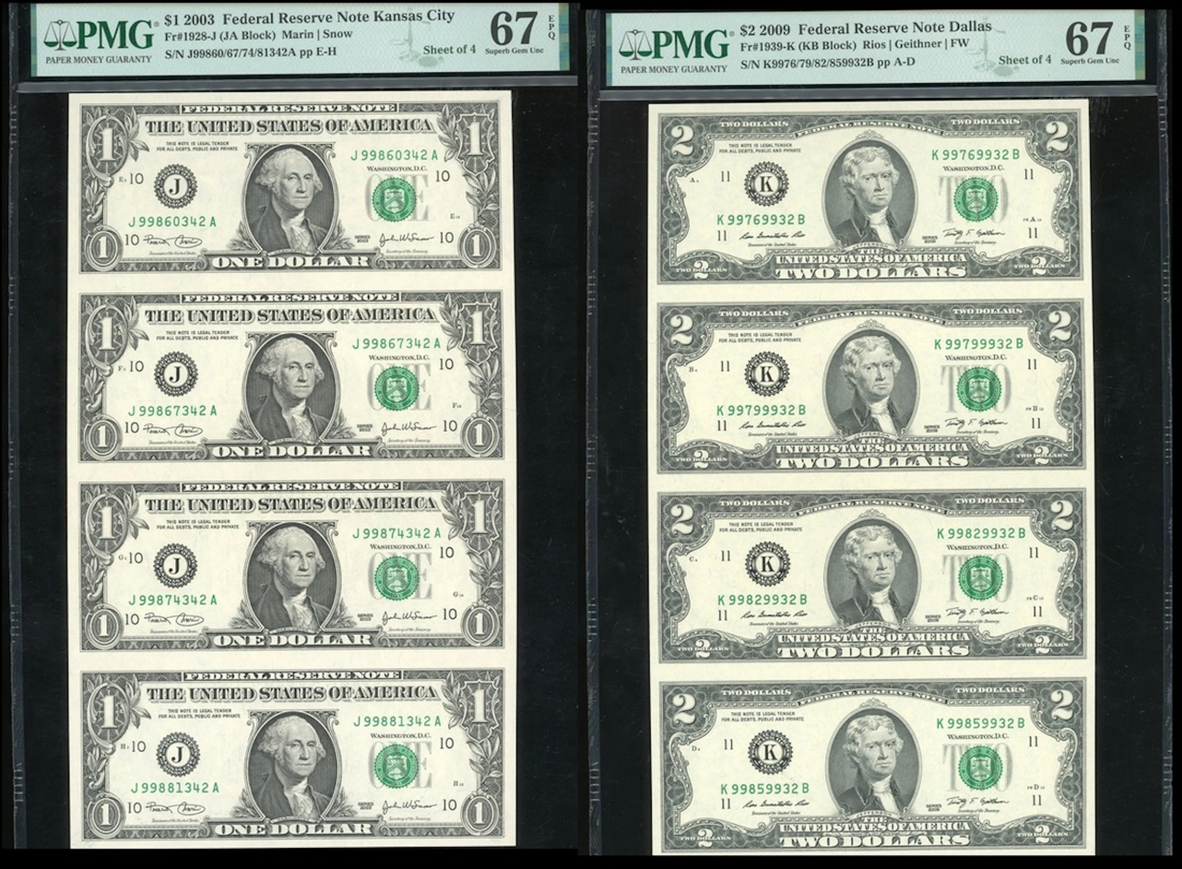 United States of America, a set of 6x uncut sheets of 4 notes, including