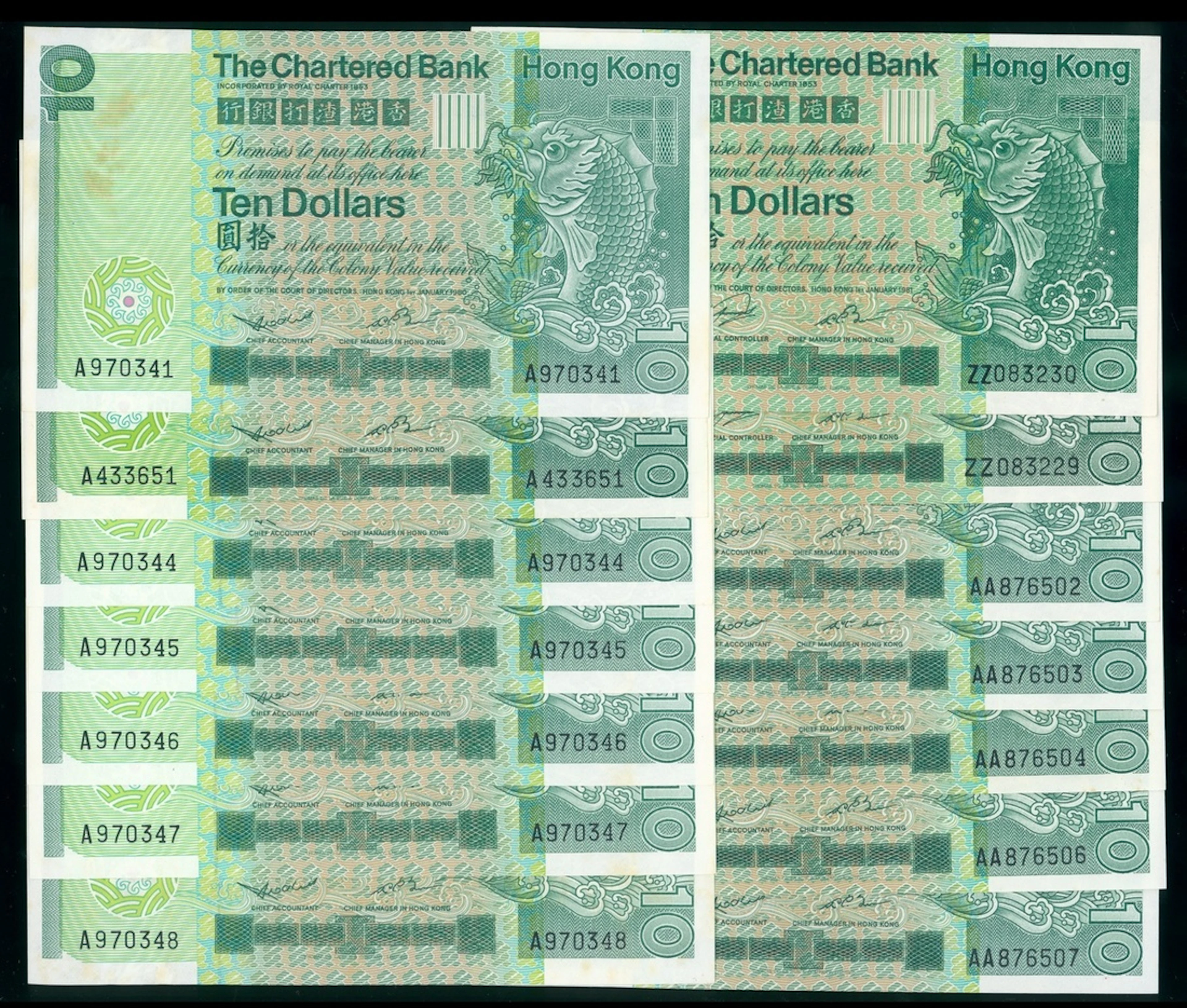 Chartered Bank, Hong Kong, $10 (14), includes A prefix (7), A prefix