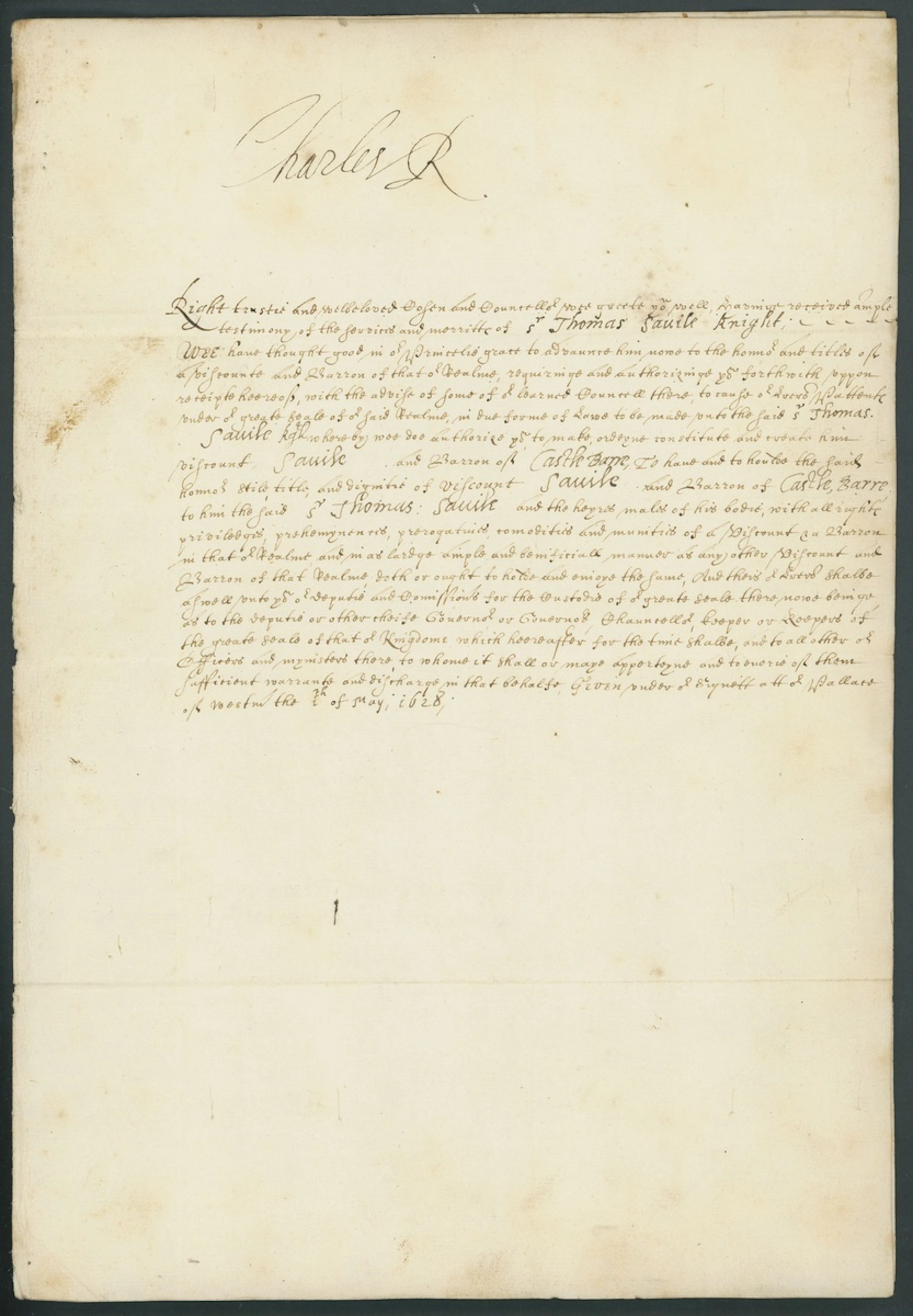 King Charles I 1628 (1 May) letter signed at top "Charles R" with