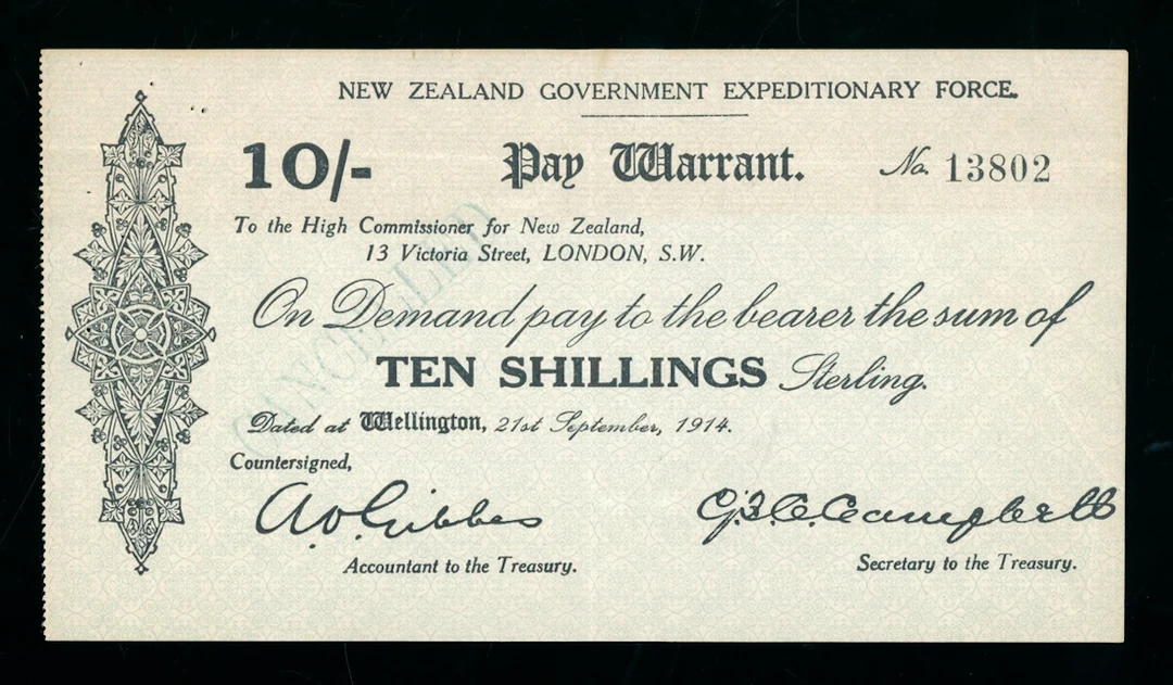 New Zealand Government Expeditionary Force Pay Warrant, cancelled