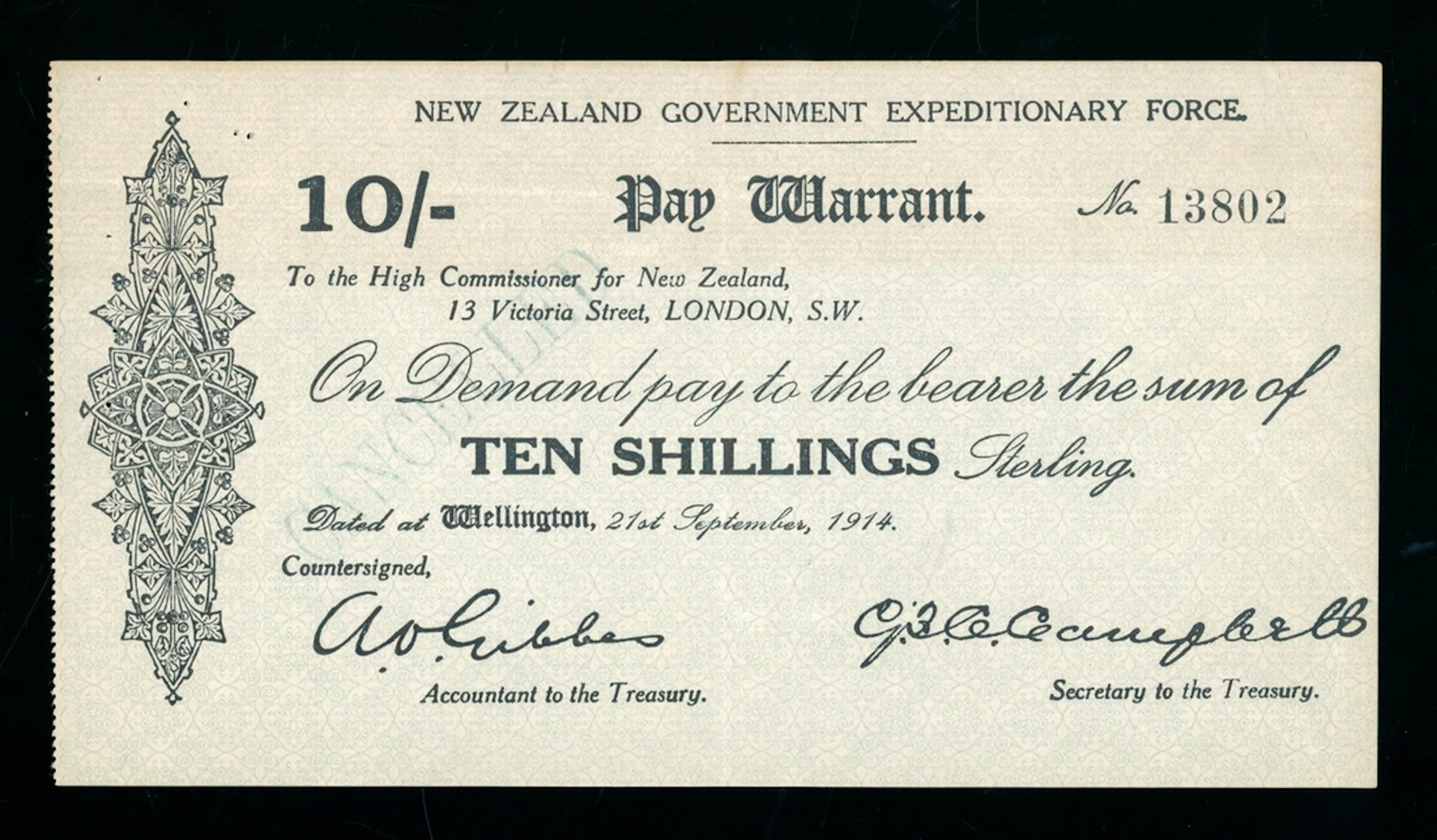 New Zealand Government Expeditionary Force Pay Warrant, cancelled