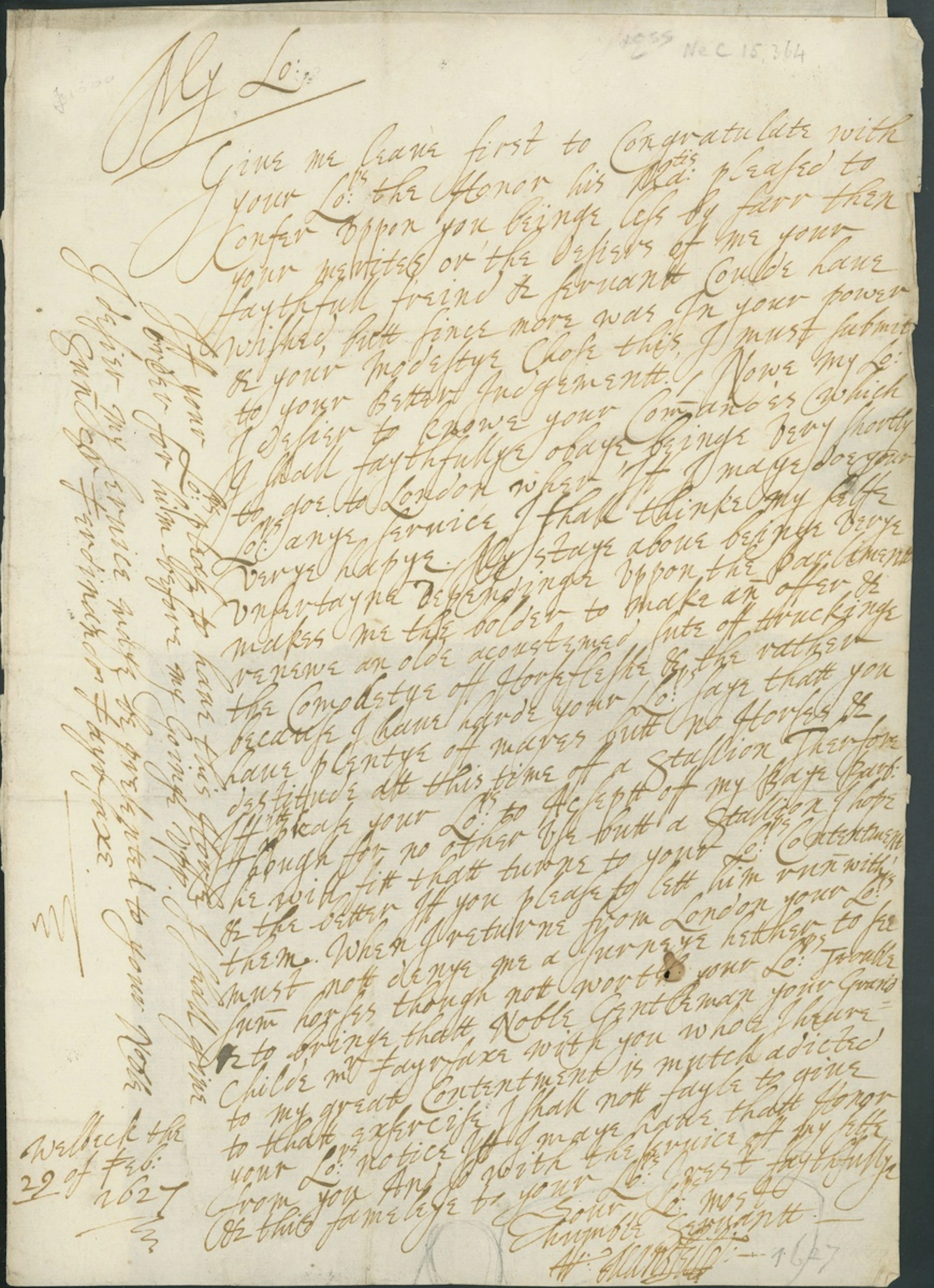 Viscount Mansfield to Thomas Fairfax - Horsemanship 1627 (29 Feb.)