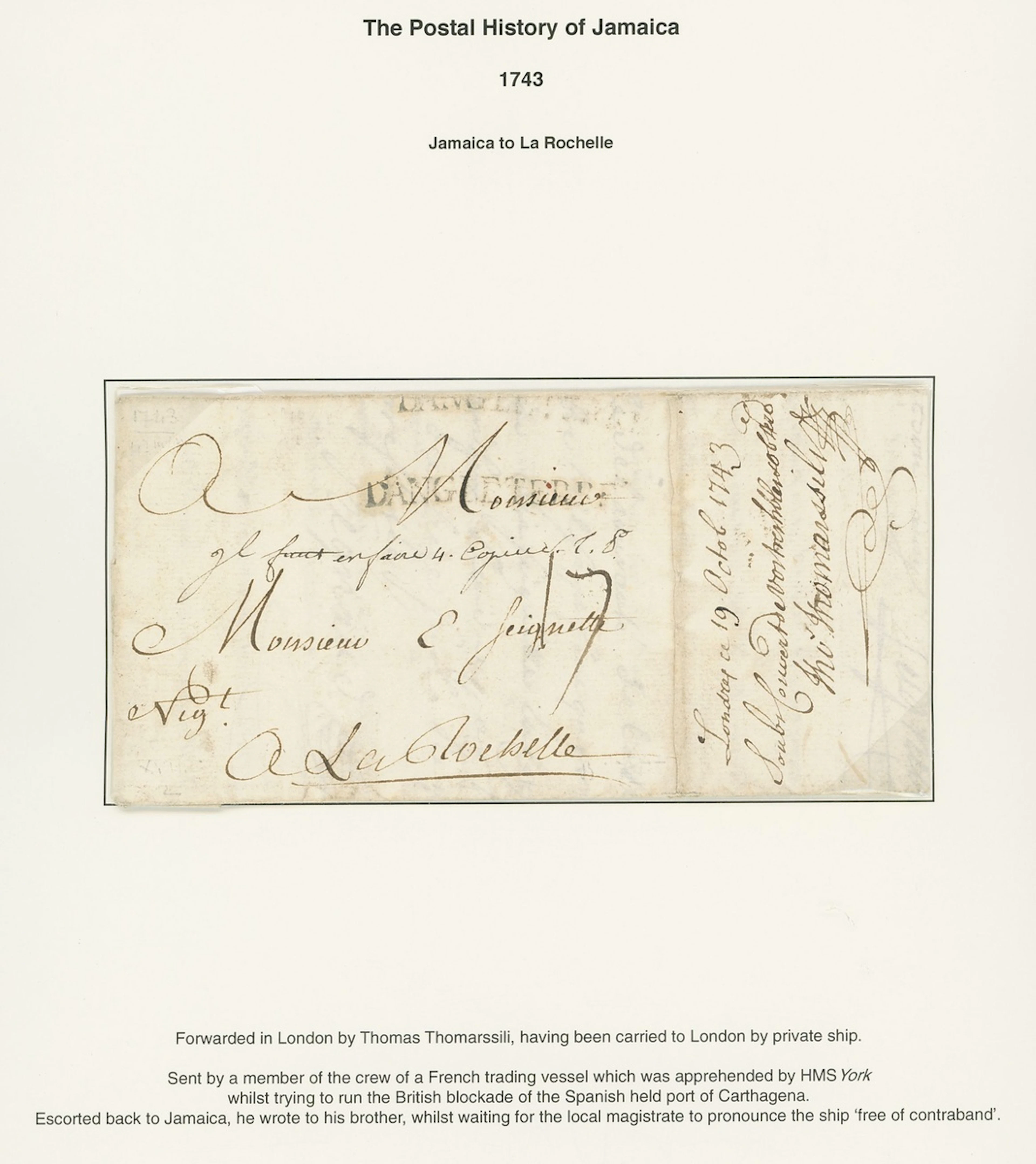 Jamaica Forwarding Agents Letters 1743 entire letter to La Rochelle