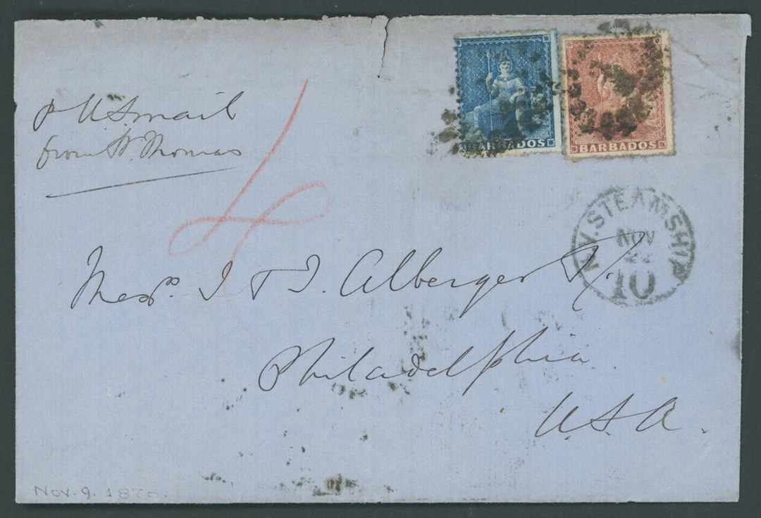 Barbados Britannia Issues Covers 1870 (9 Nov.) entire (no top flap)