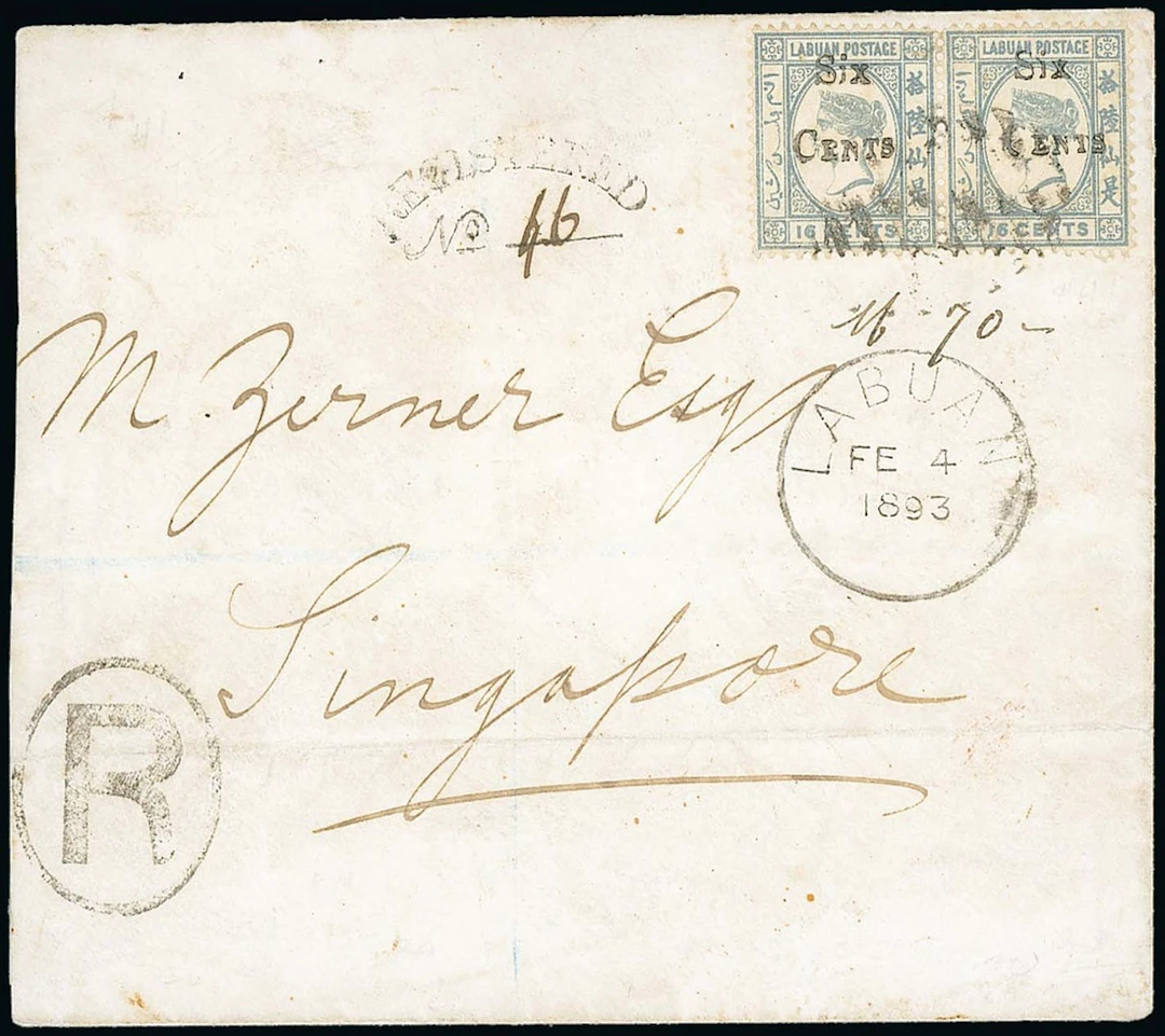 Labuan 1892 (Dec.) Surcharges Covers 1893 (4 Feb.) envelope registered