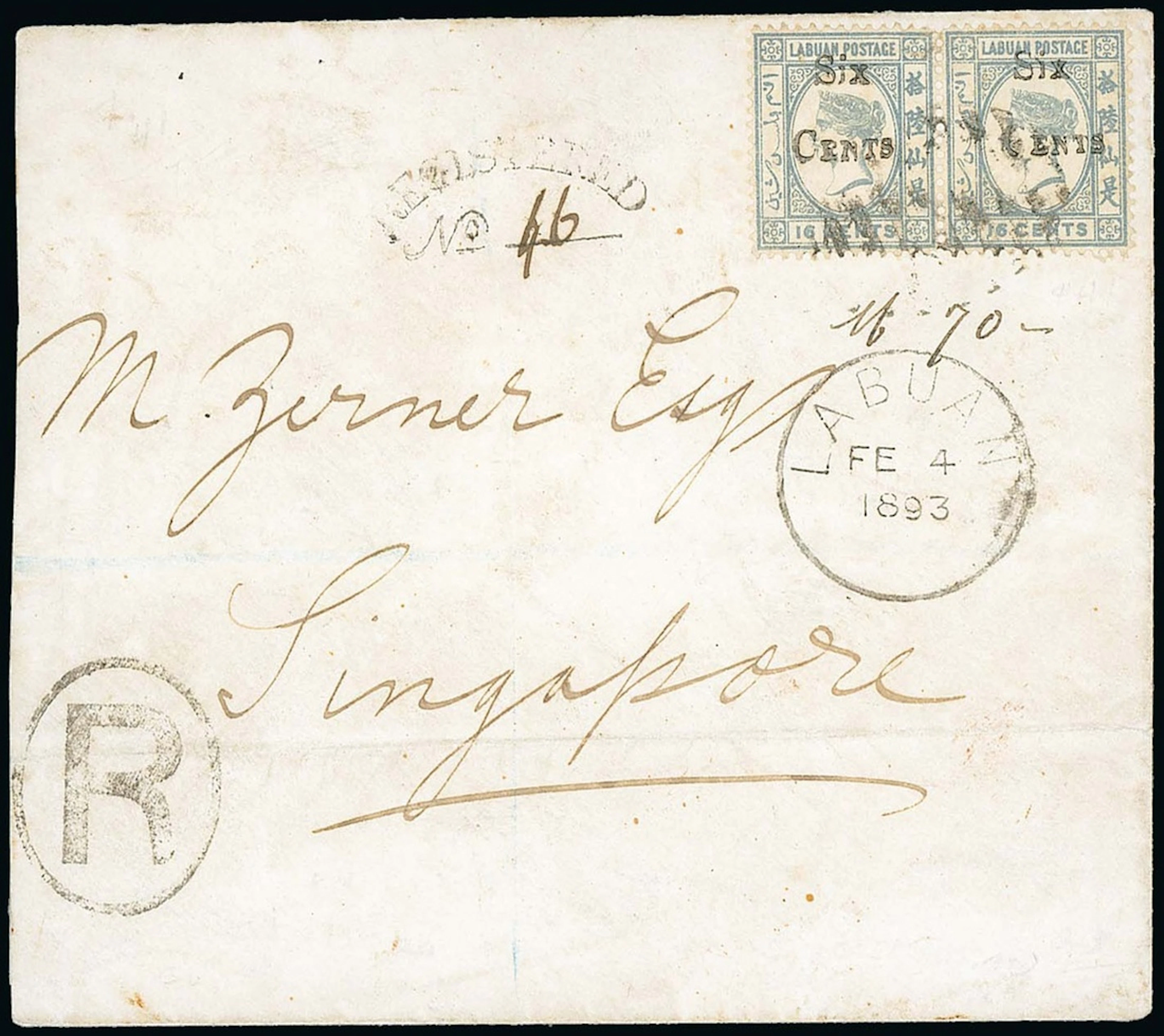 Labuan 1892 (Dec.) Surcharges Covers 1893 (4 Feb.) envelope registered
