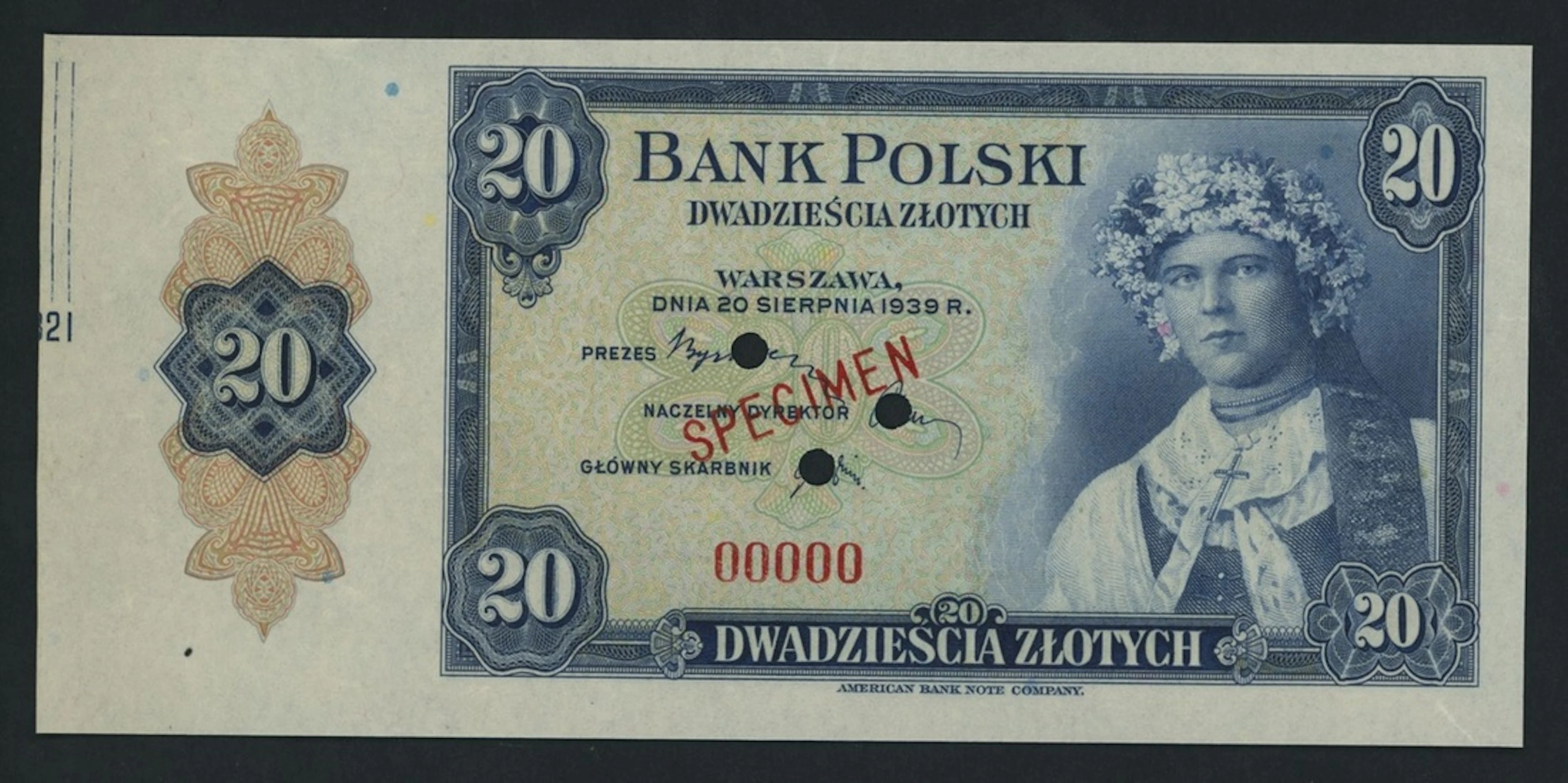 Bank Polski, Poland, specimen 20 Zlotych, 20th August 1939, (Pick 87s)