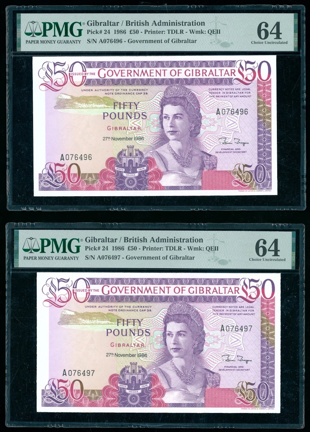Government Gibraltar, consecutive pair £50, 1986, serial numbers A076496/97