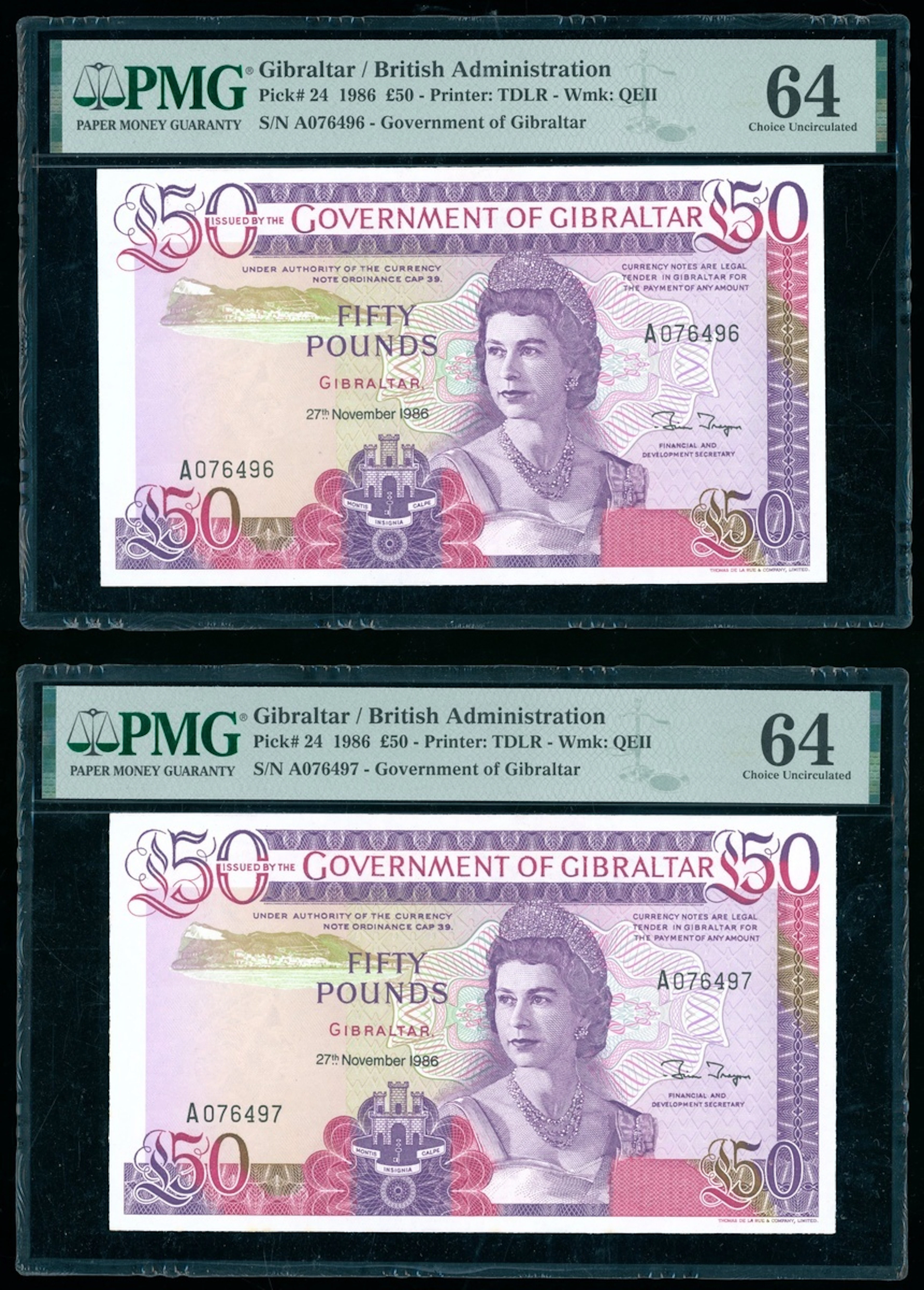 Government Gibraltar, consecutive pair £50, 1986, serial numbers A076496/97
