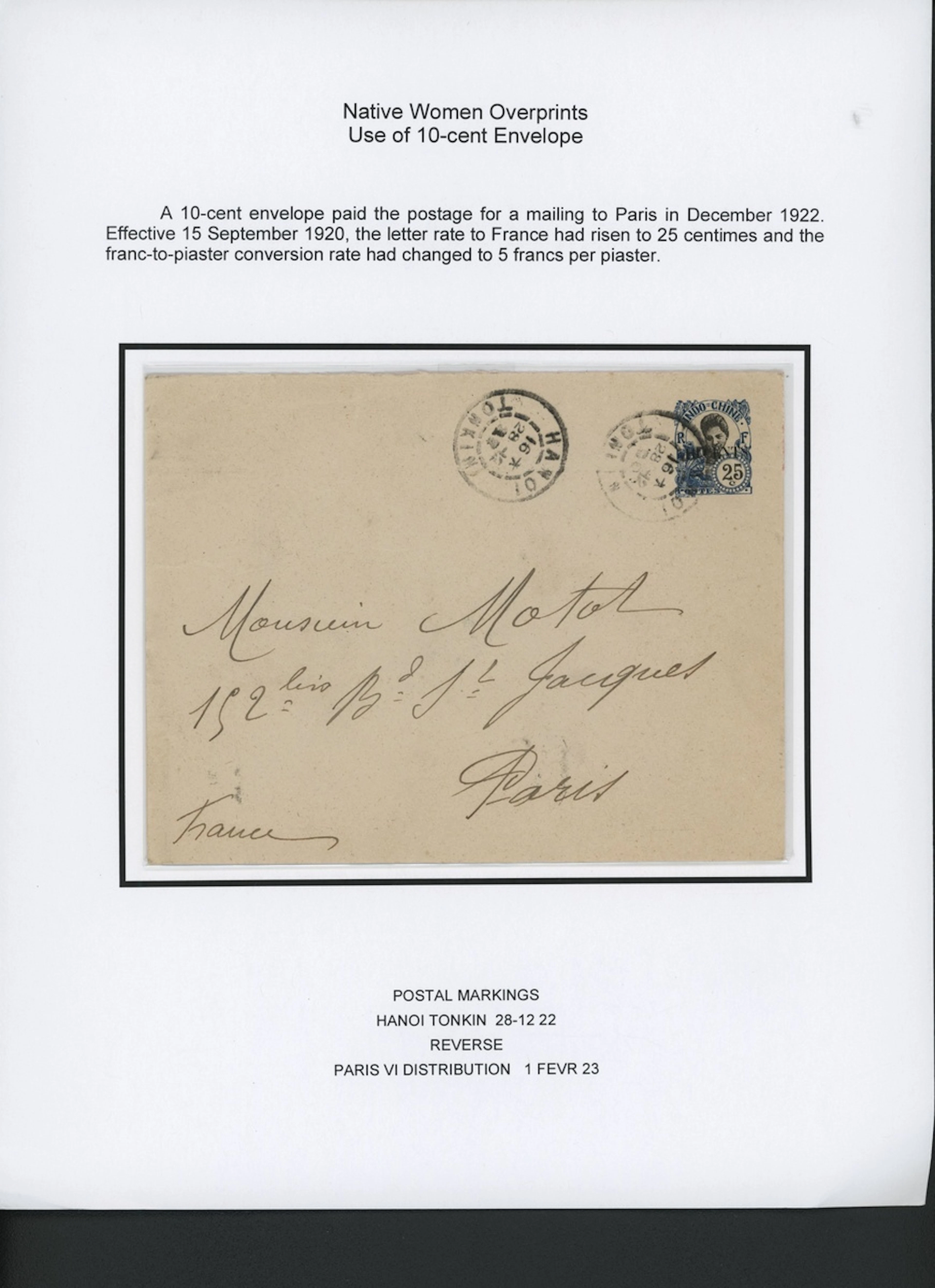 Indo-China French Indo-Chinese Post Office 1919 Native Women overprinted