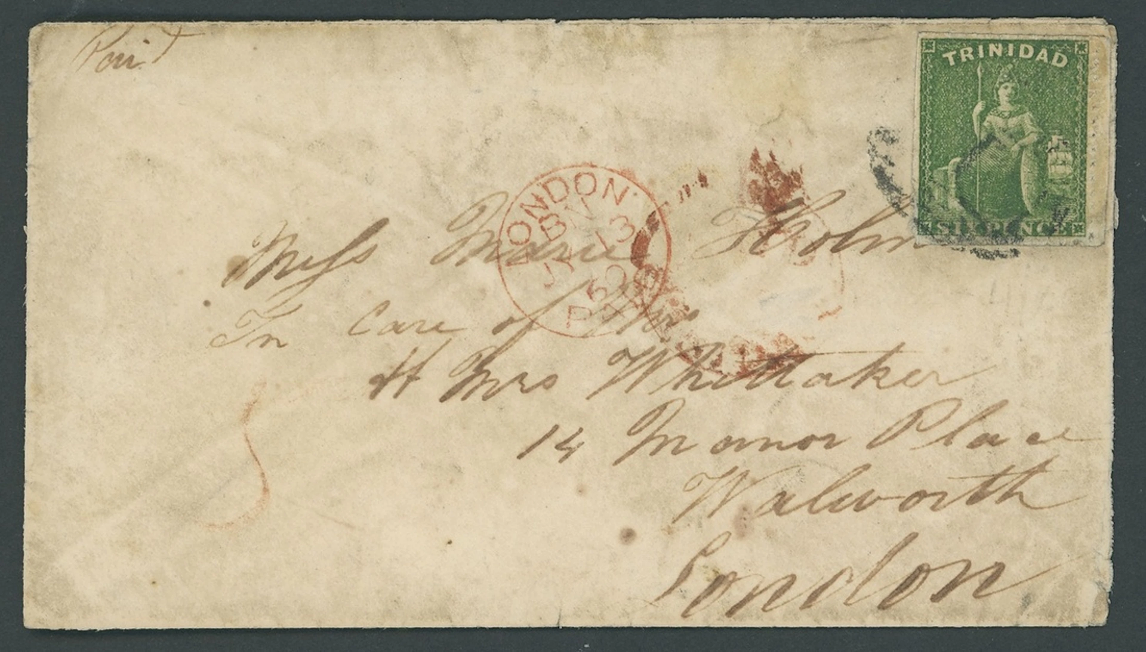 Trinidad Covers and Cancellations 1860 (22 June) envelope to London