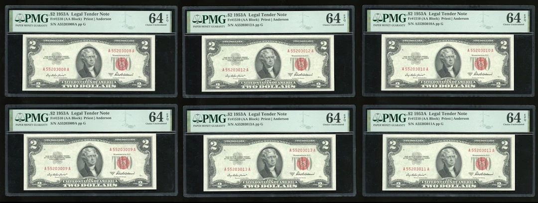Legal Tender Note, United States of America, consecutive $2 (5), 1953A