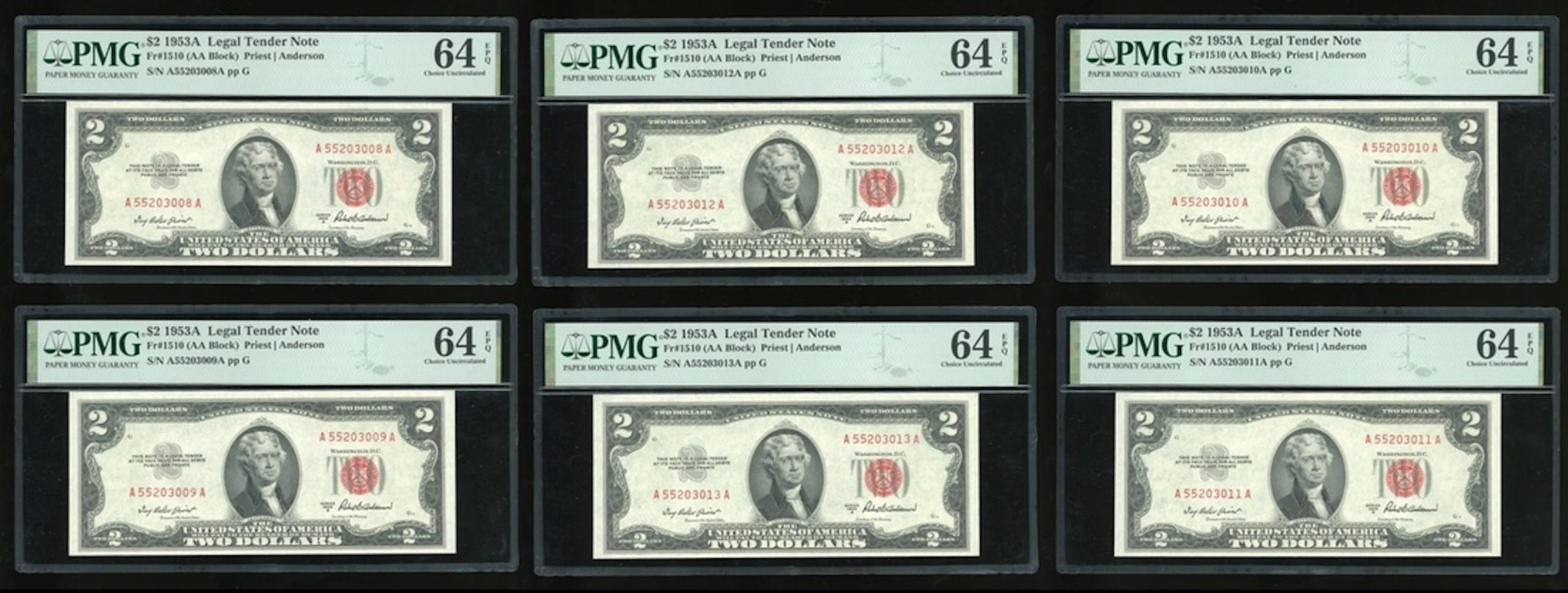 Legal Tender Note, United States of America, consecutive $2 (5), 1953A