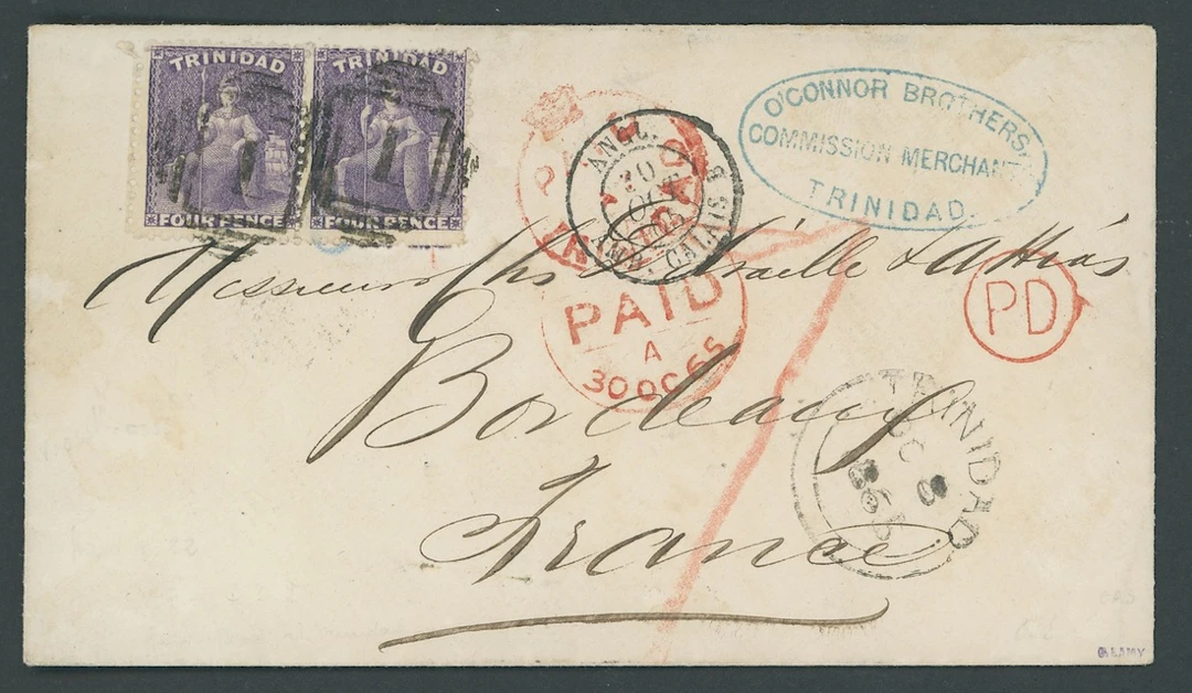 Trinidad Covers and Cancellations 1865 (8 Oct.) envelope to Bordeaux