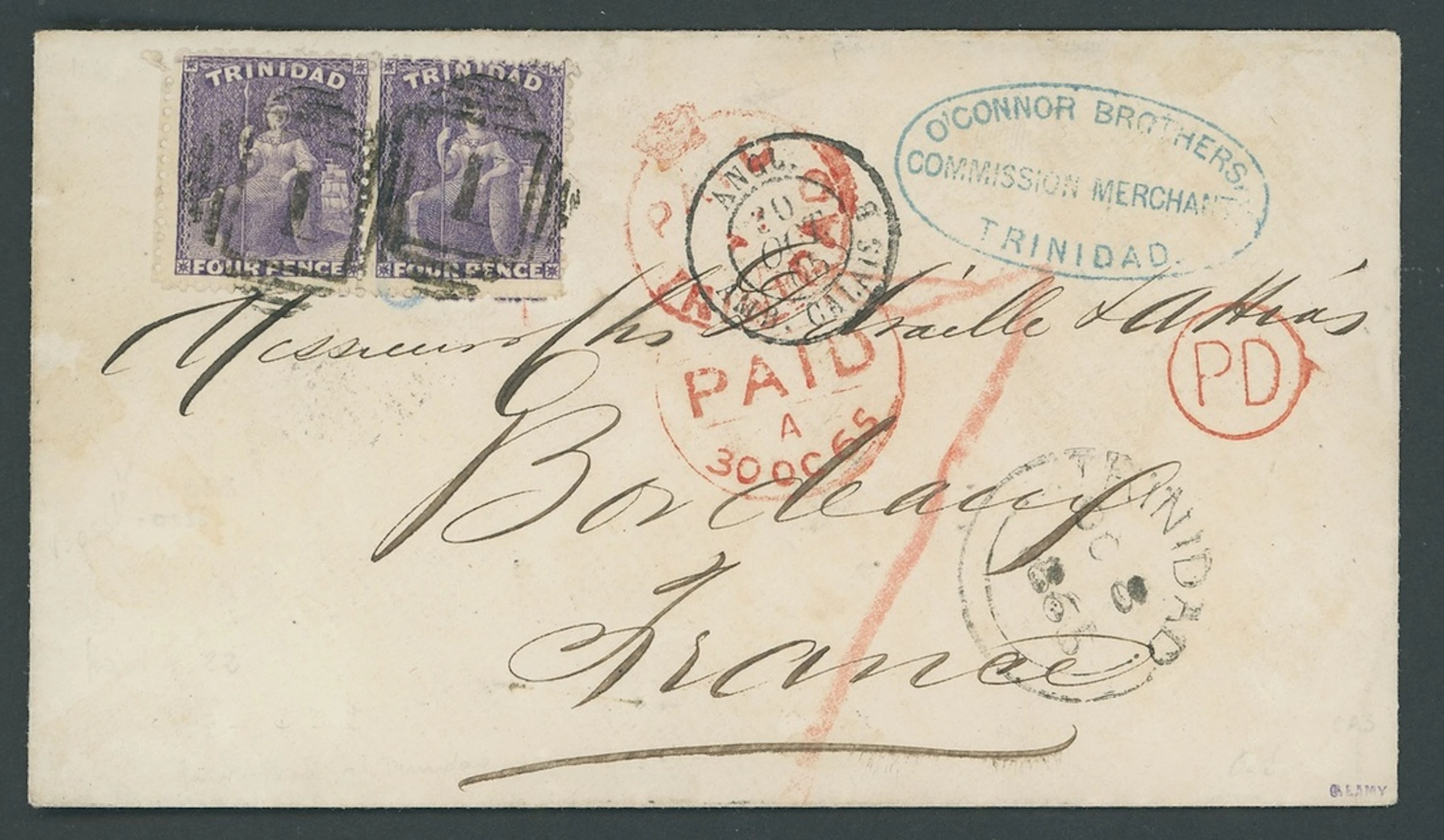Trinidad Covers and Cancellations 1865 (8 Oct.) envelope to Bordeaux