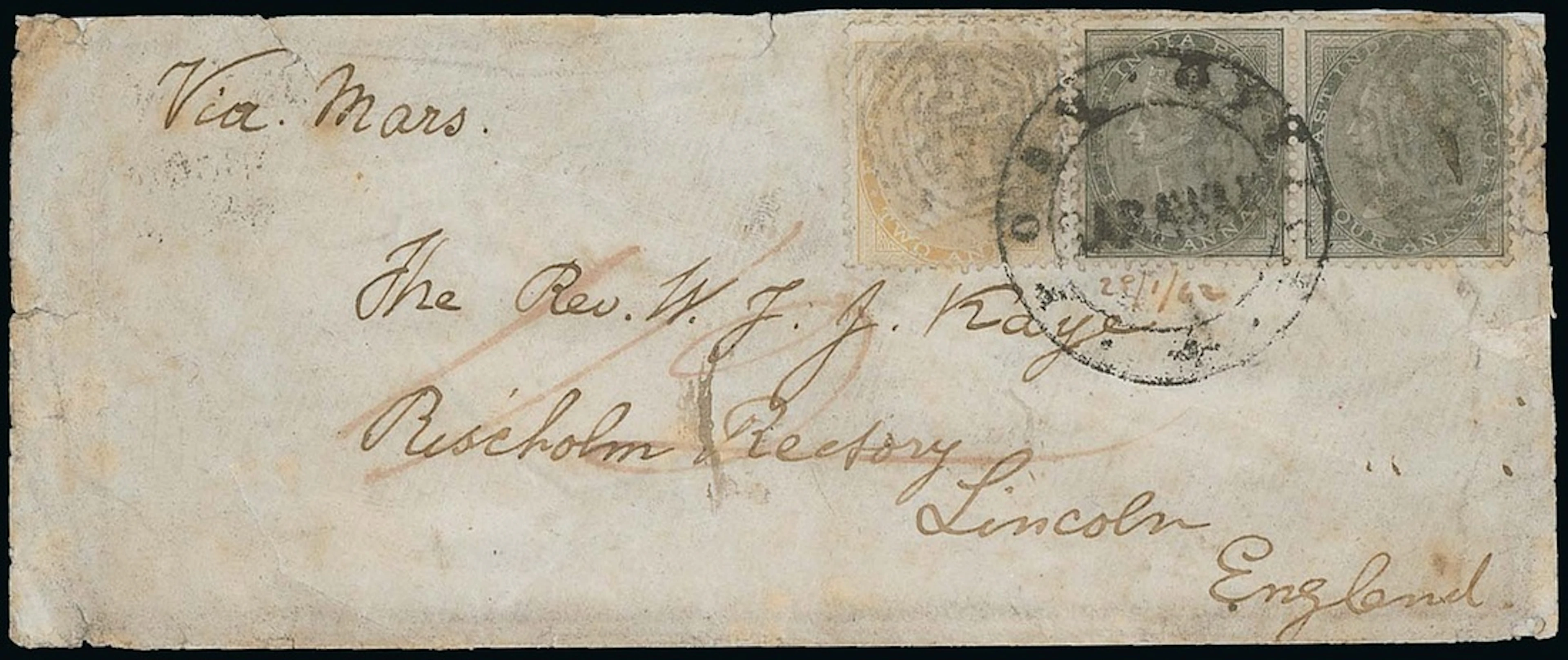 Sarawak "post office/sarawak" Handstamp 1862 (28 Jan.) envelope to