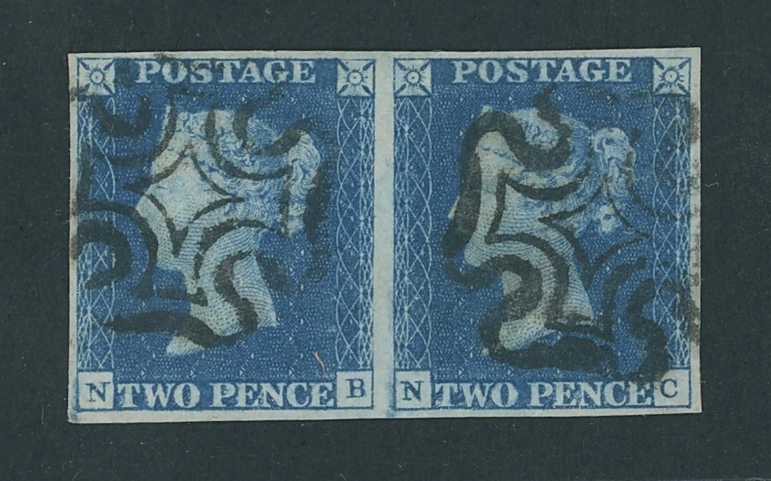 Great Britain 1840 Two Pence Blue Plate 2 NB-NC, horizontal pair