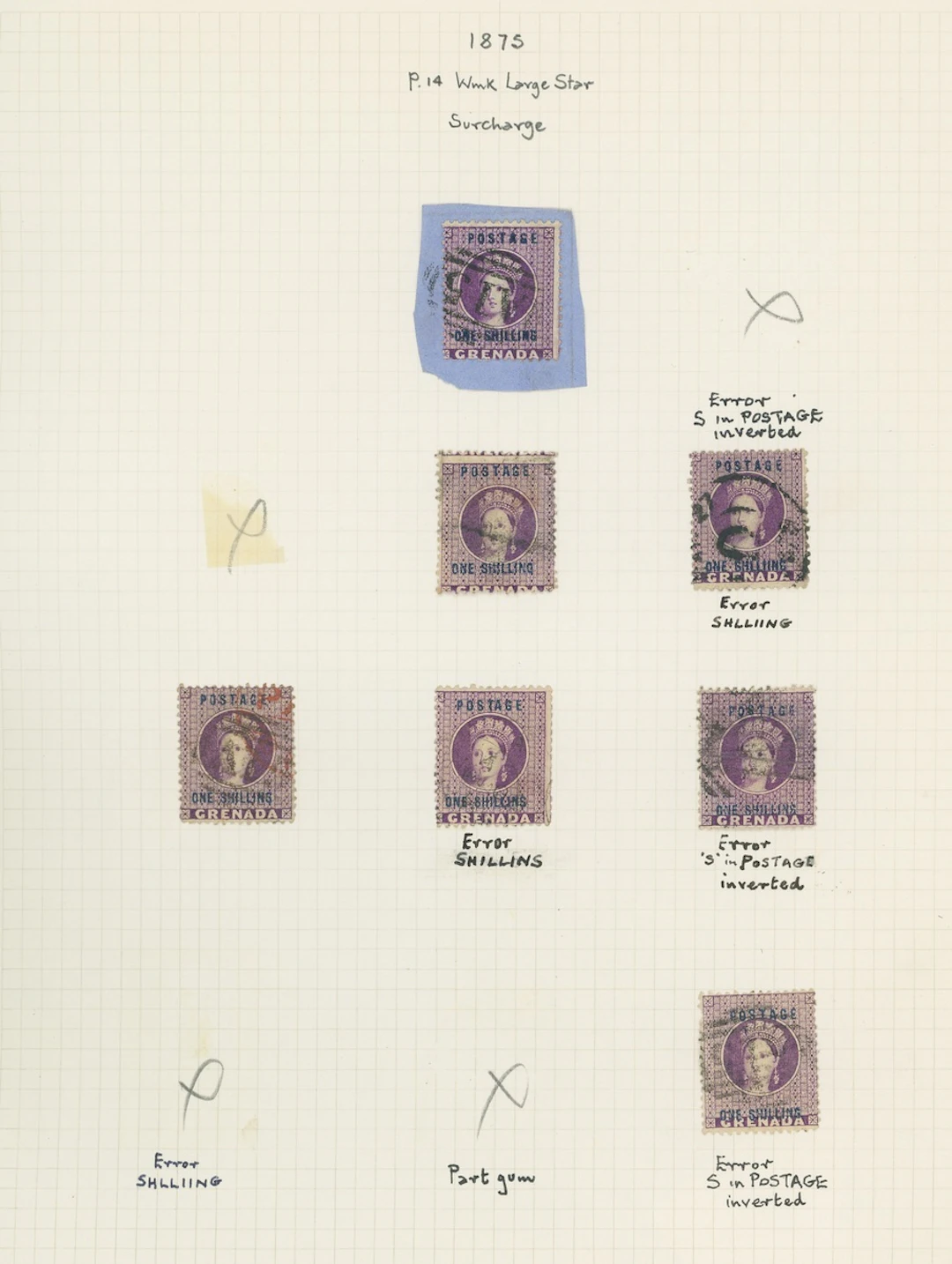 Grenada Issued Stamps 1875 July) 1/- deep mauve, seven used examples