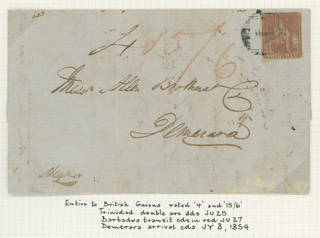 Trinidad Covers and Cancellations 1854 (25 June) entire to Demerara