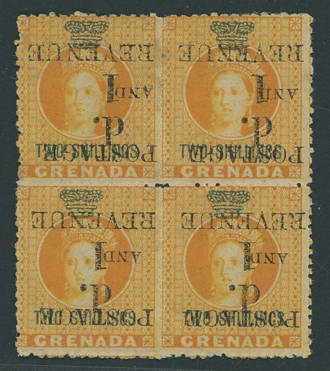 Grenada Issued Stamps 1890 (Dec.) 1d. on 2/- orange block of four