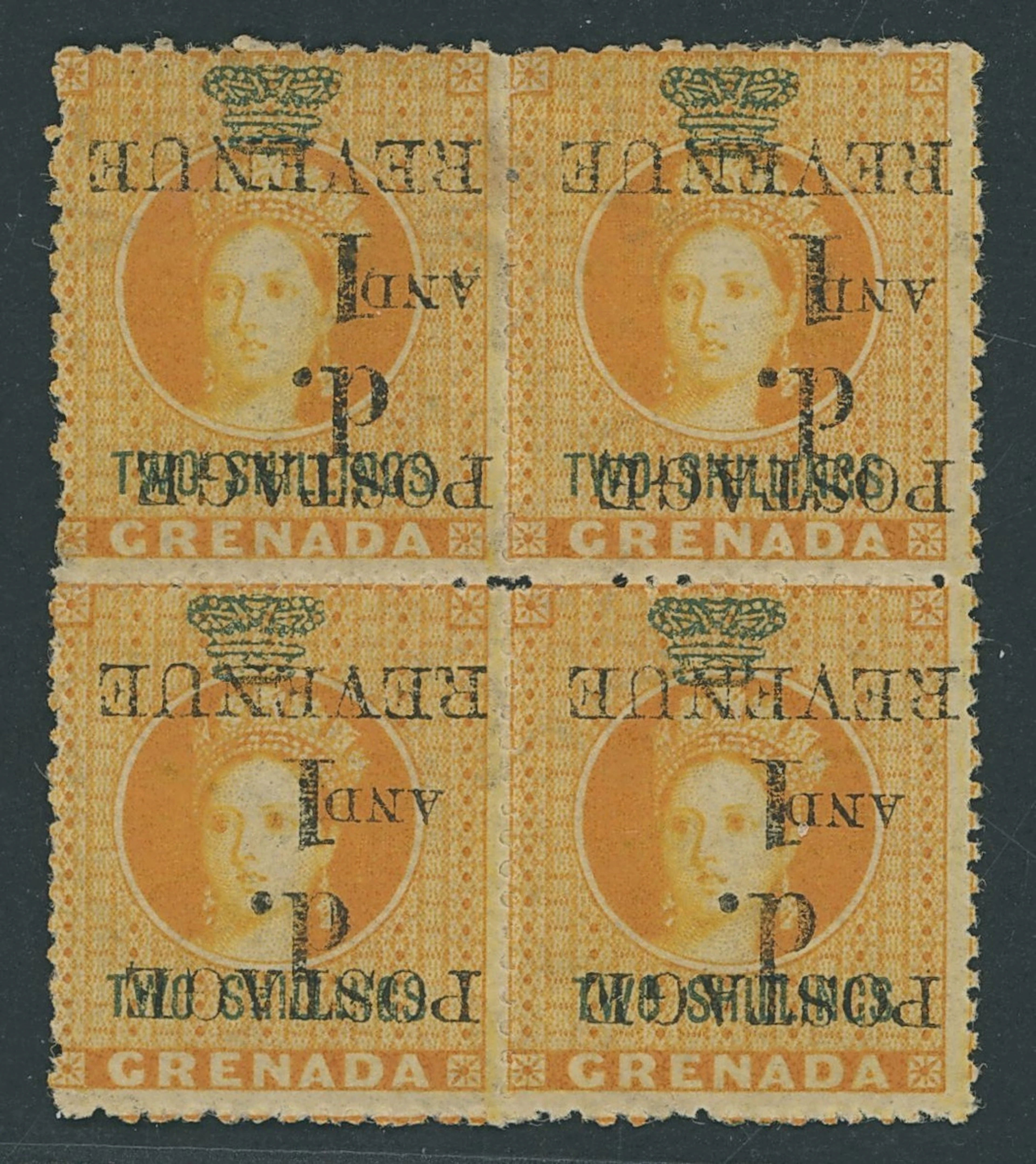 Grenada Issued Stamps 1890 (Dec.) 1d. on 2/- orange block of four