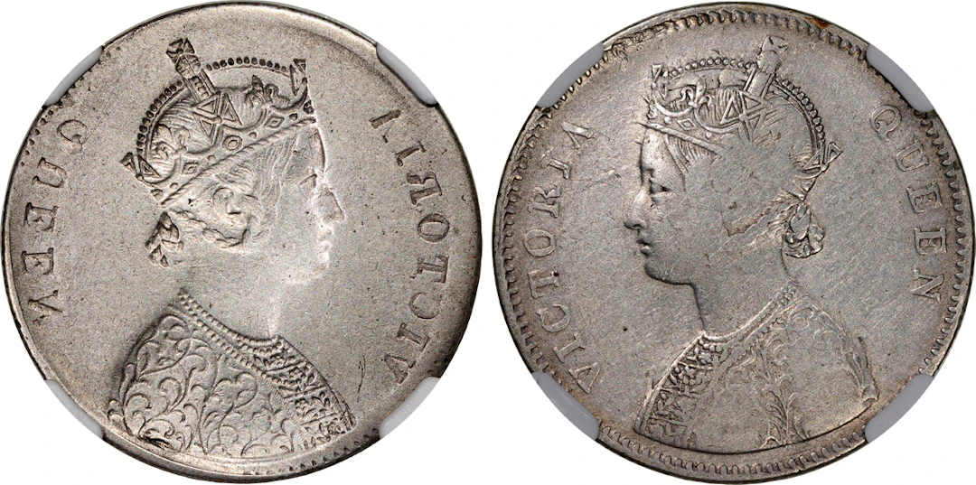 India, [NGC VF Details] MINT ERROR rupee, ND (1862-76), 'reverse brockage'