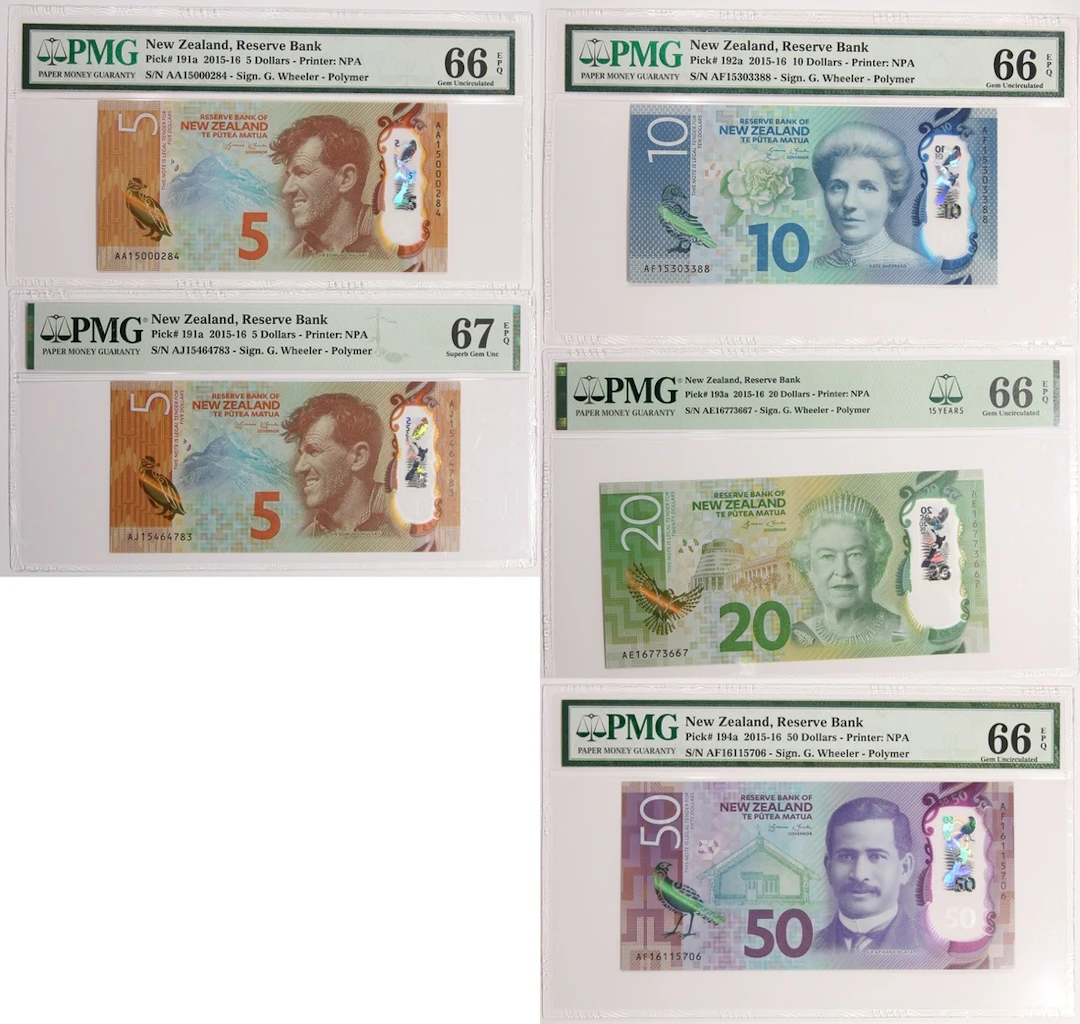Reserve Bank of New Zealand, a group of 5x 2015-16 issue, including
