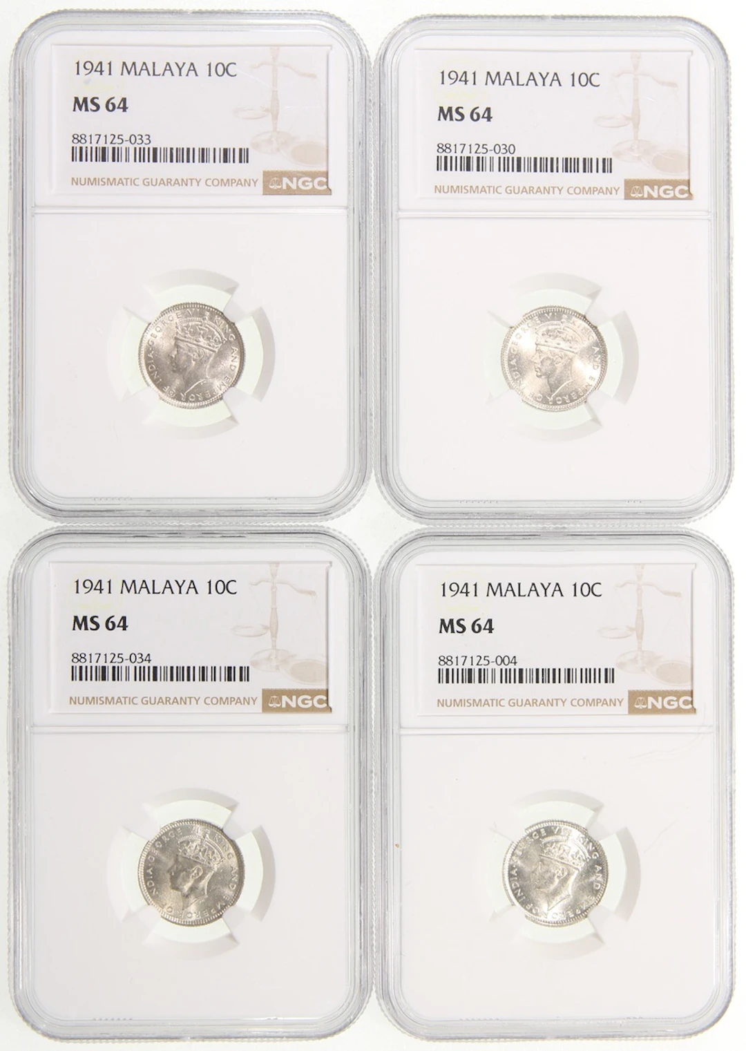 Malaya, [NGC MS64] a group of 4x 10 cents, 1941