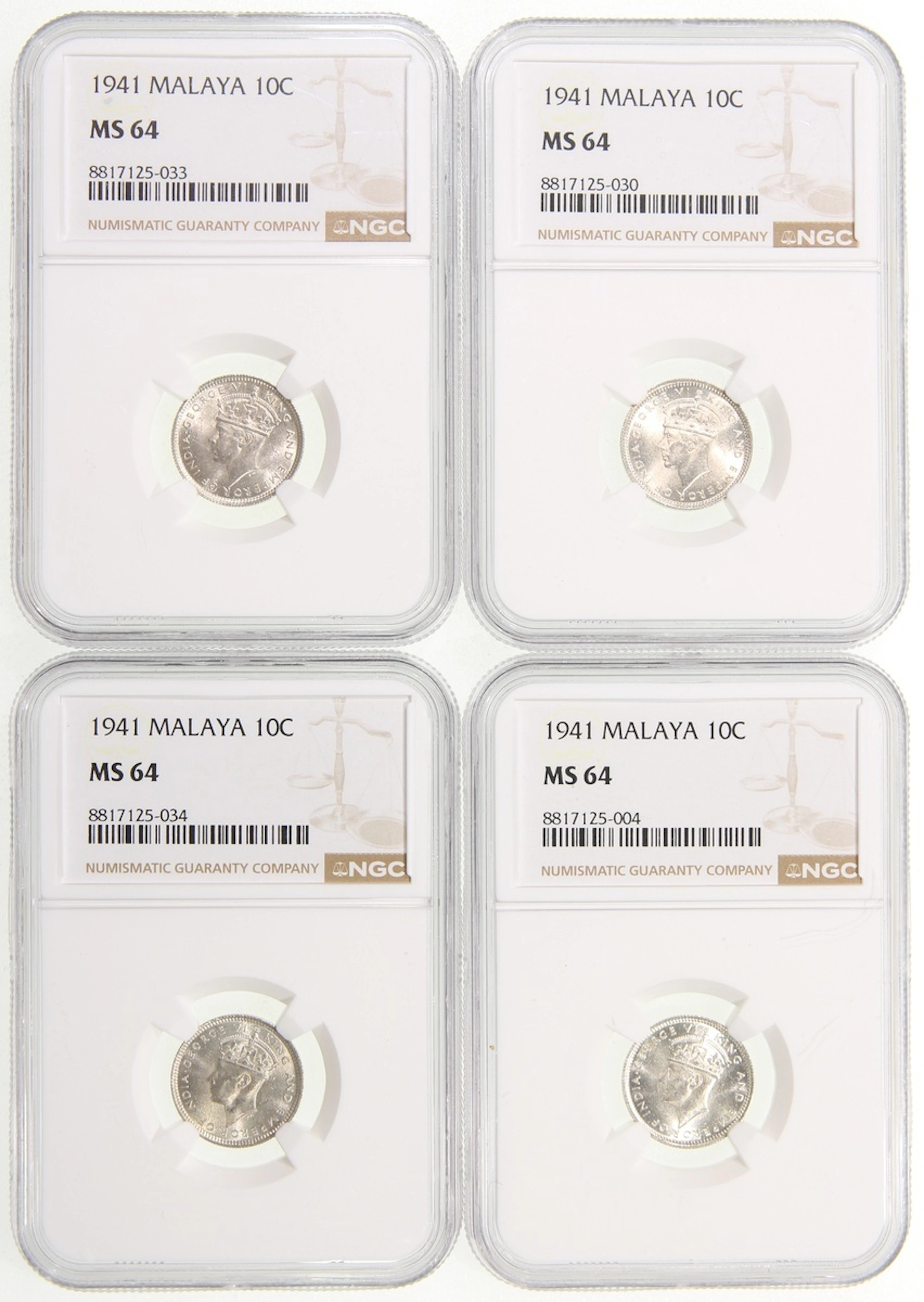 Malaya, [NGC MS64] a group of 4x 10 cents, 1941