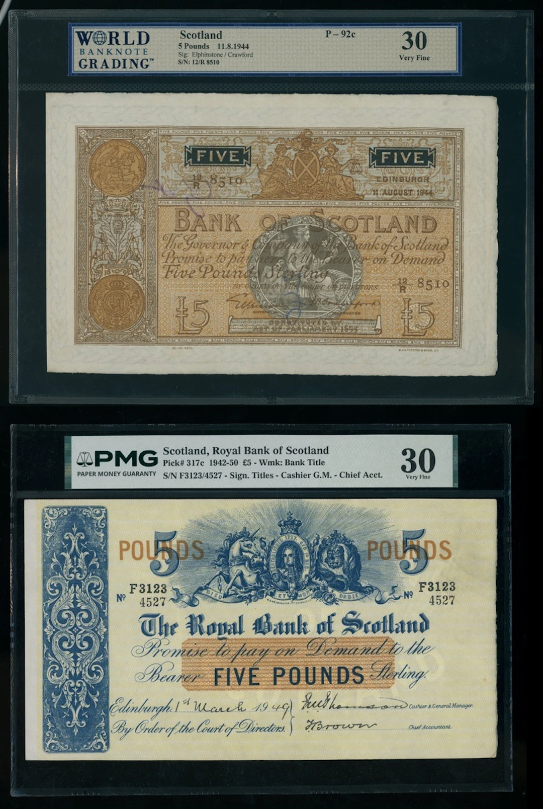 Scotland Banknotes, a pair of £5, including Bank of Scotland 1944