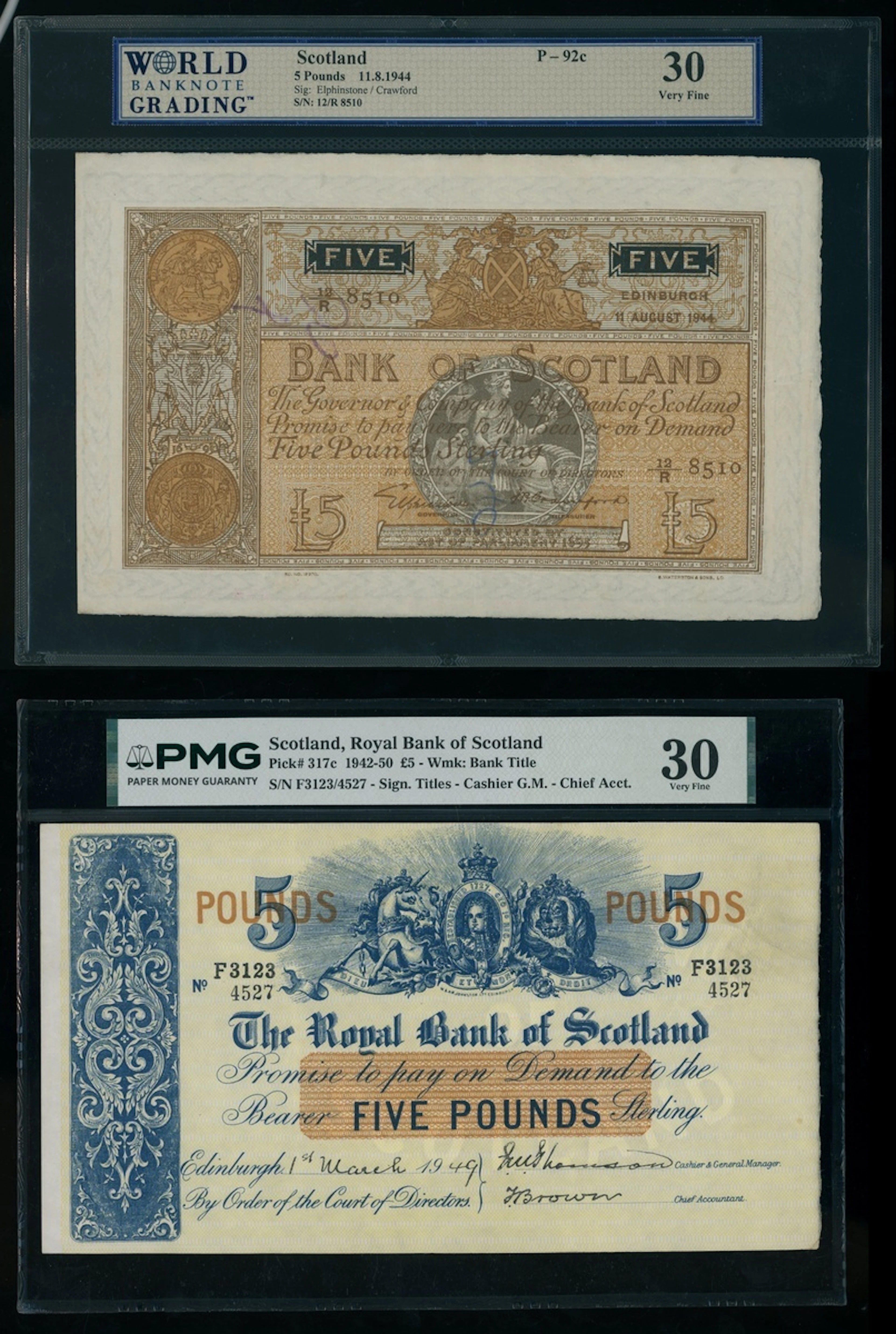 Scotland Banknotes, a pair of £5, including Bank of Scotland 1944