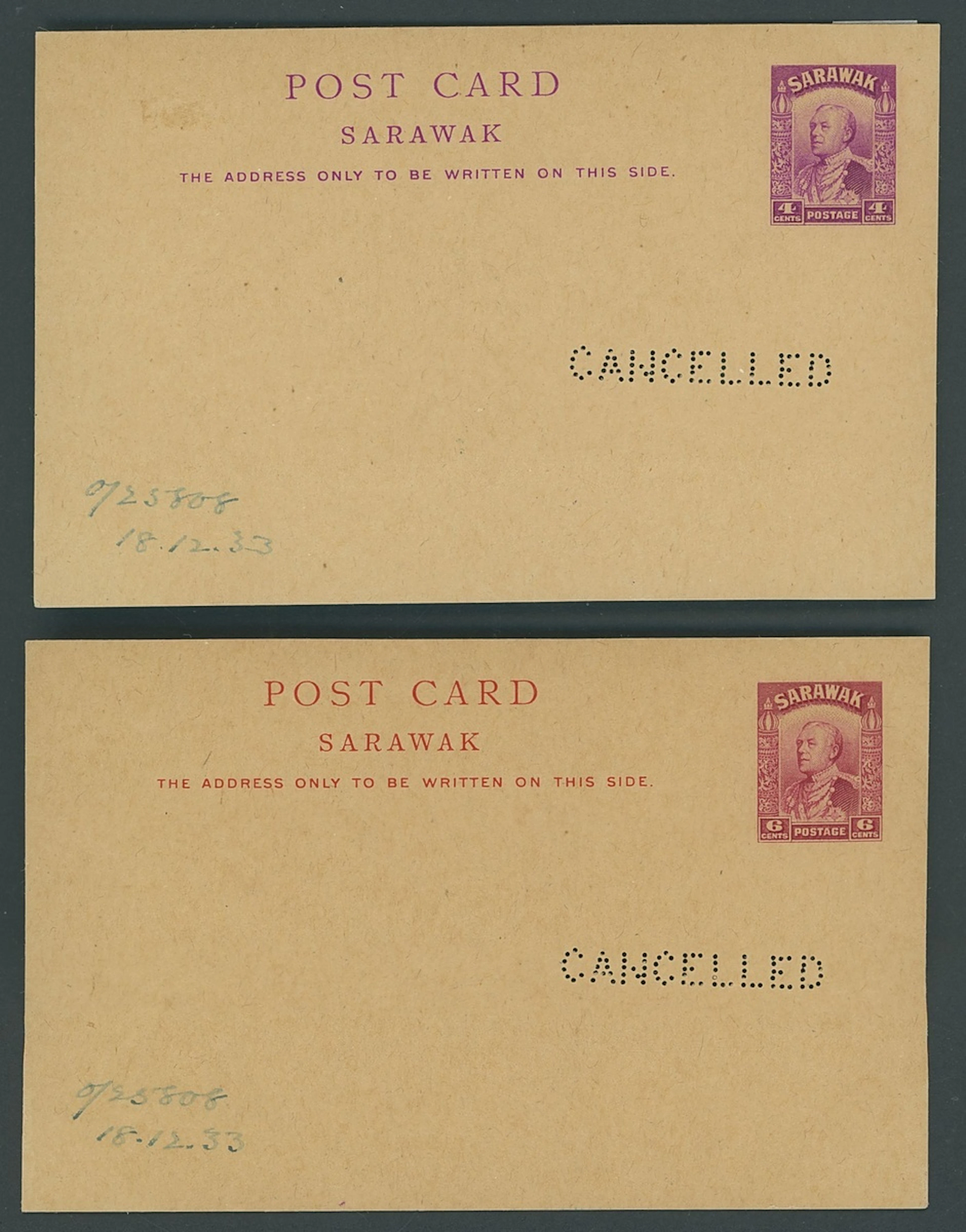 Sarawak Postal Stationery Postcards 1934 Issue 4c. and 6c. perforated