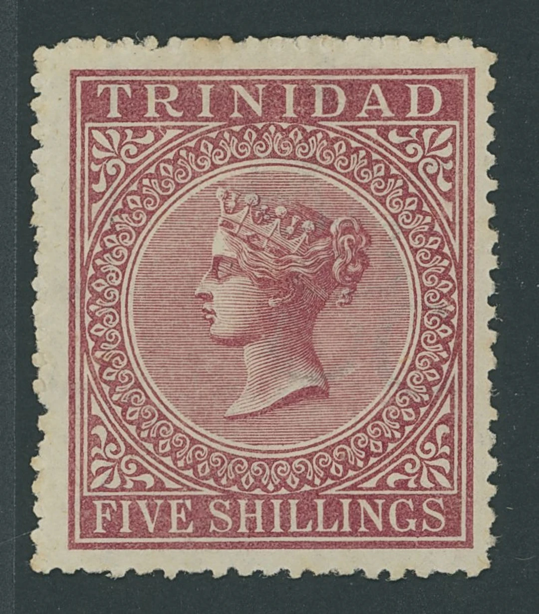 Trinidad 1869 CC perf 12½ 5/- rose-lake mint, with variety watermark