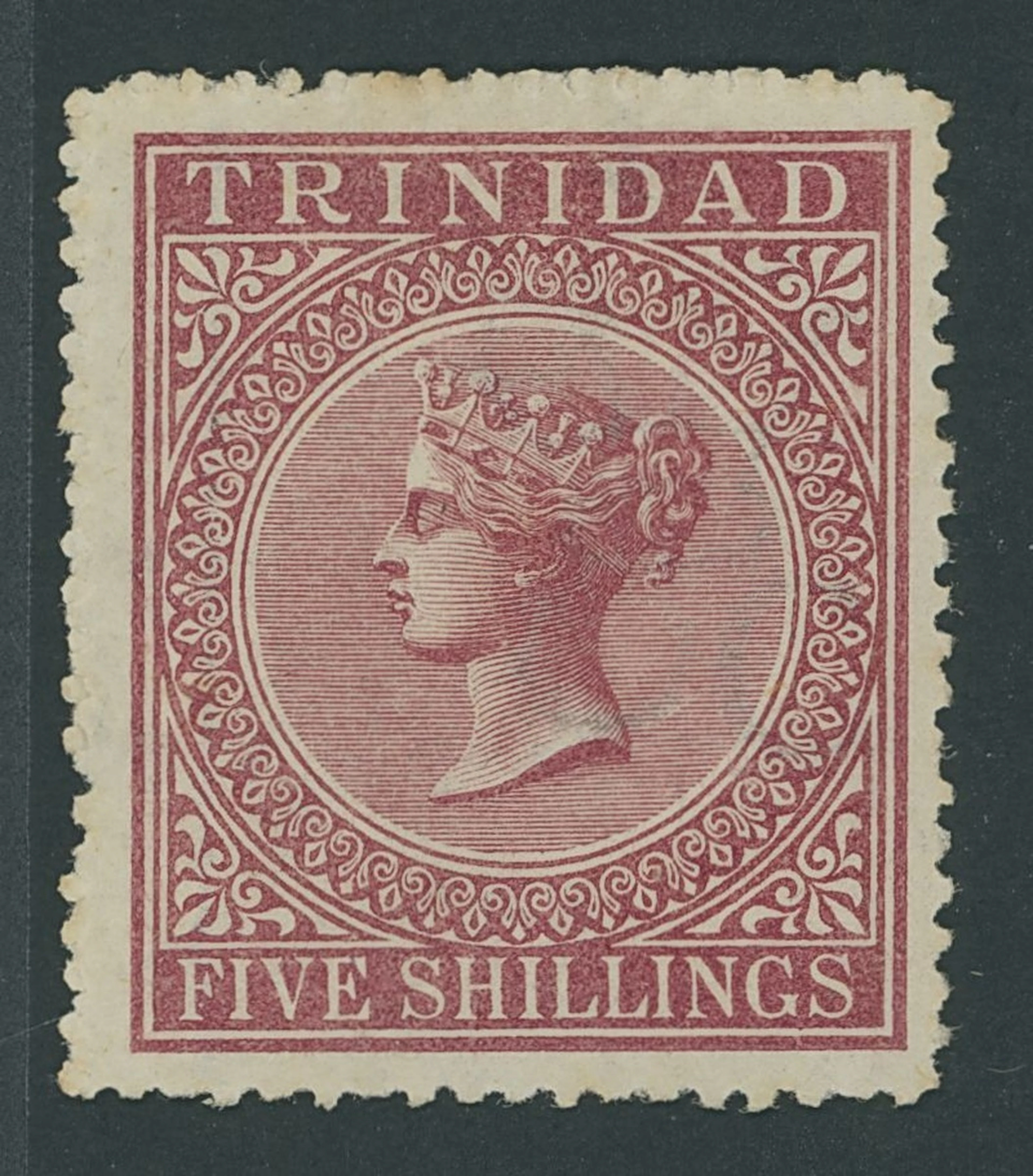Trinidad 1869 CC perf 12½ 5/- rose-lake mint, with variety watermark