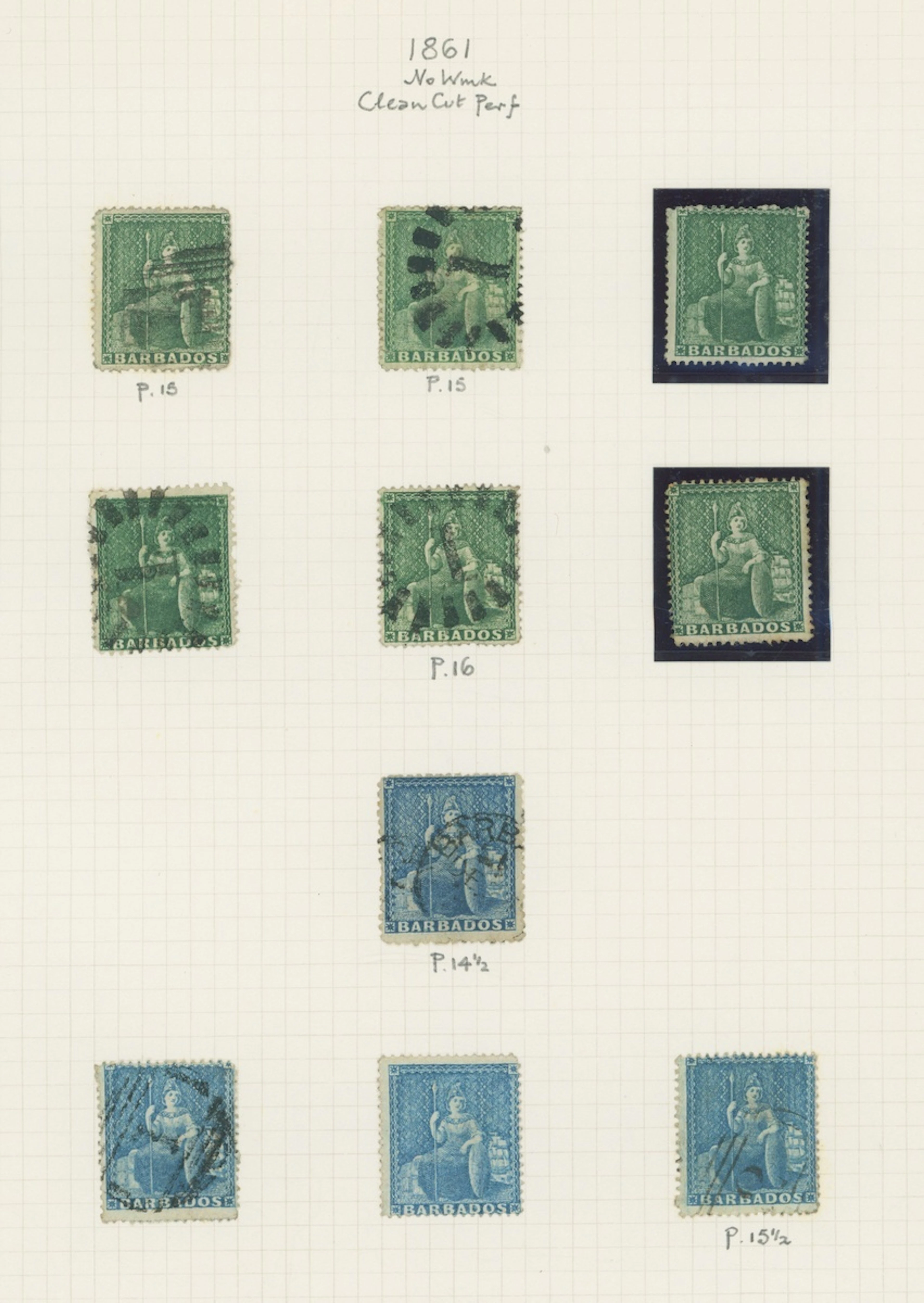 Barbados Britannia Issues 1861 no watermark, clean-cut perf 14 to