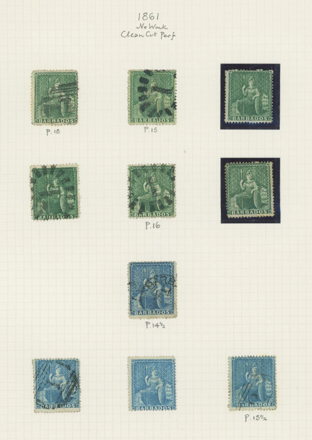Barbados Britannia Issues 1861 no watermark, clean-cut perf 14 to