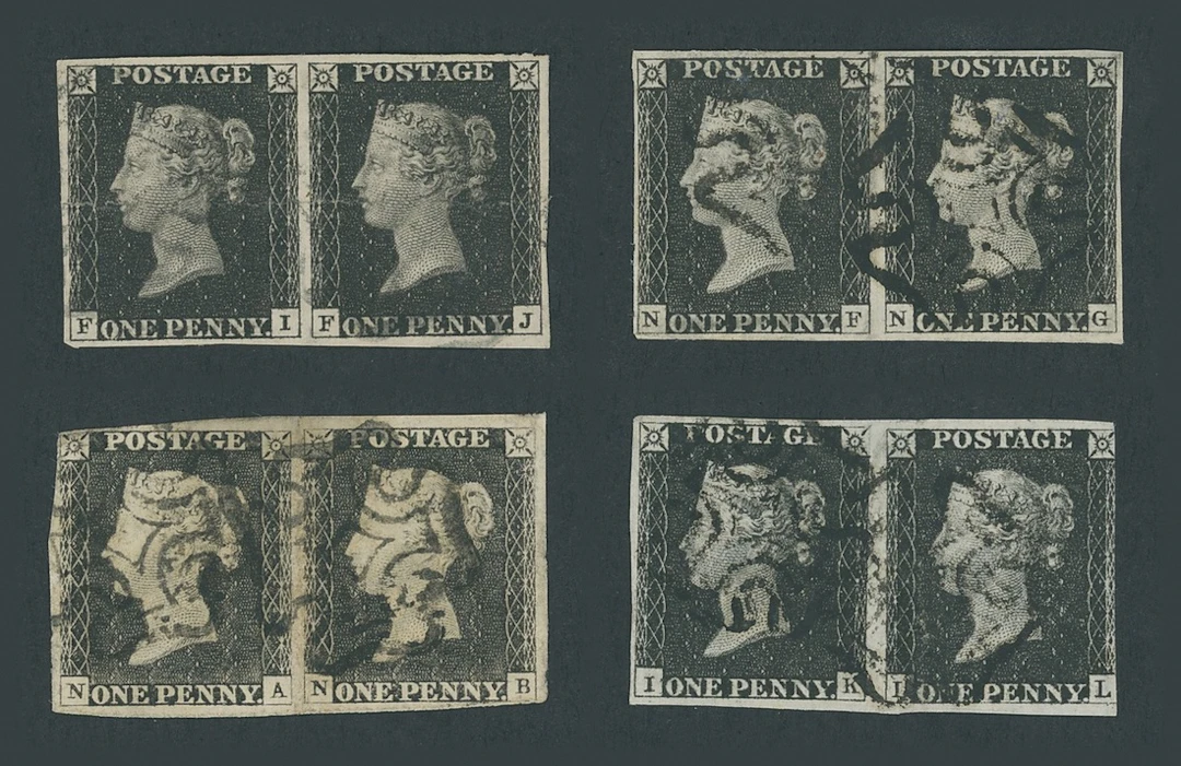 Great Britain 1840 One Penny Black Mixed Plates Four horizontal pairs: